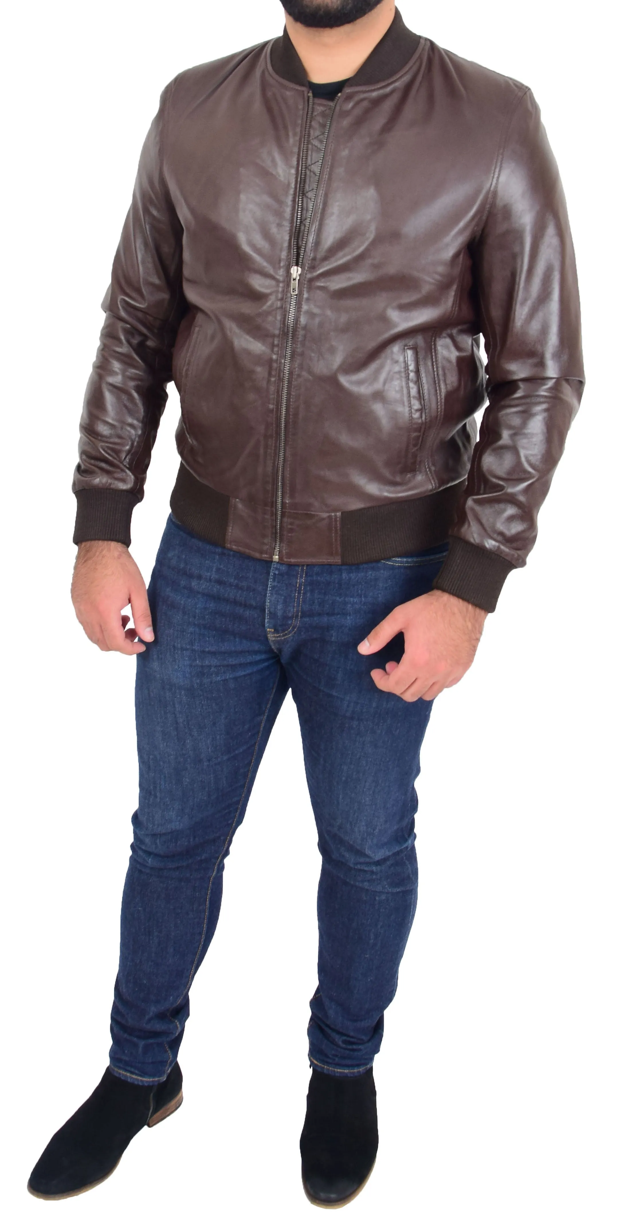 Mens Genuine Leather Bomber Jacket Jaxson Brown