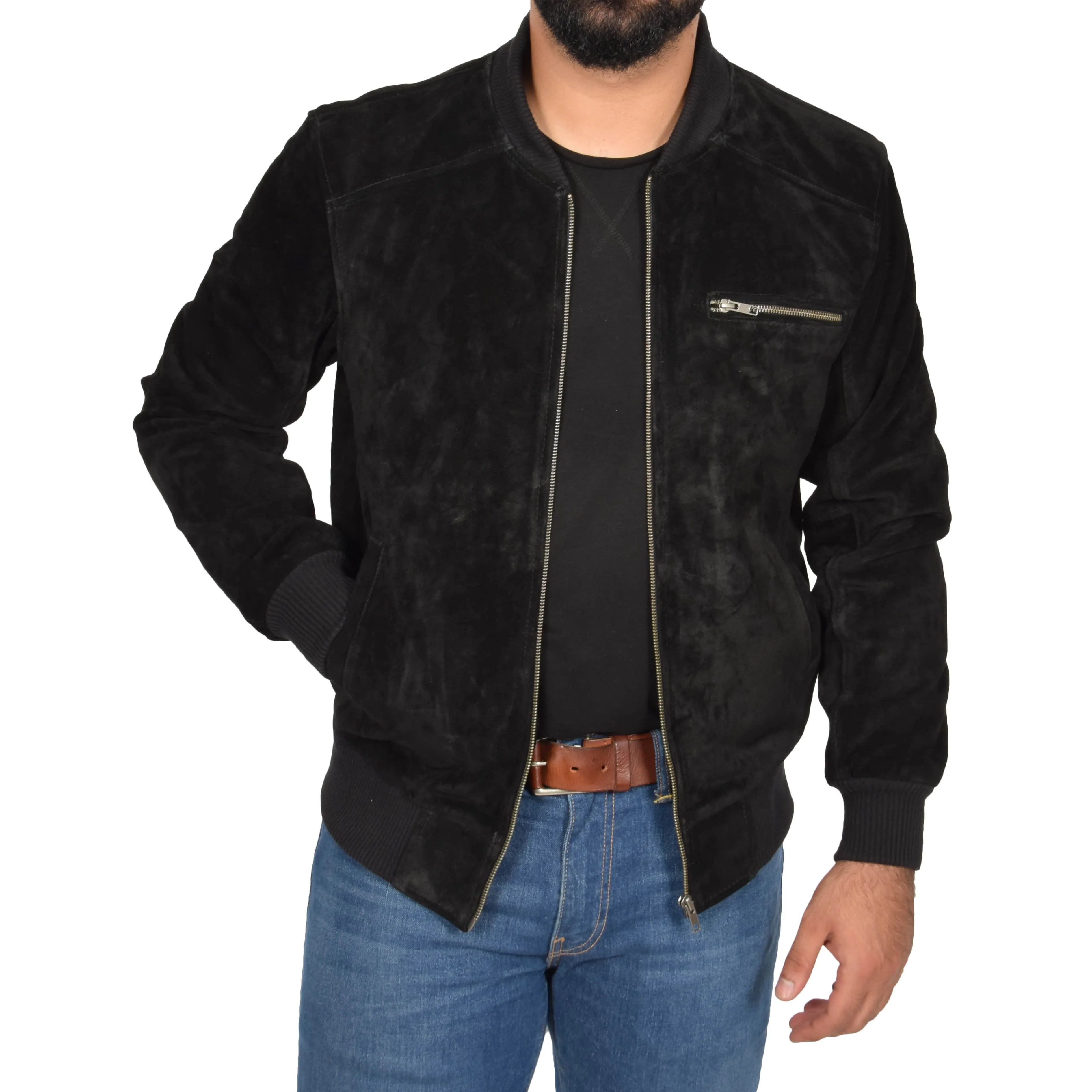 Mens Genuine Suede Bomber Jacket Roco Black