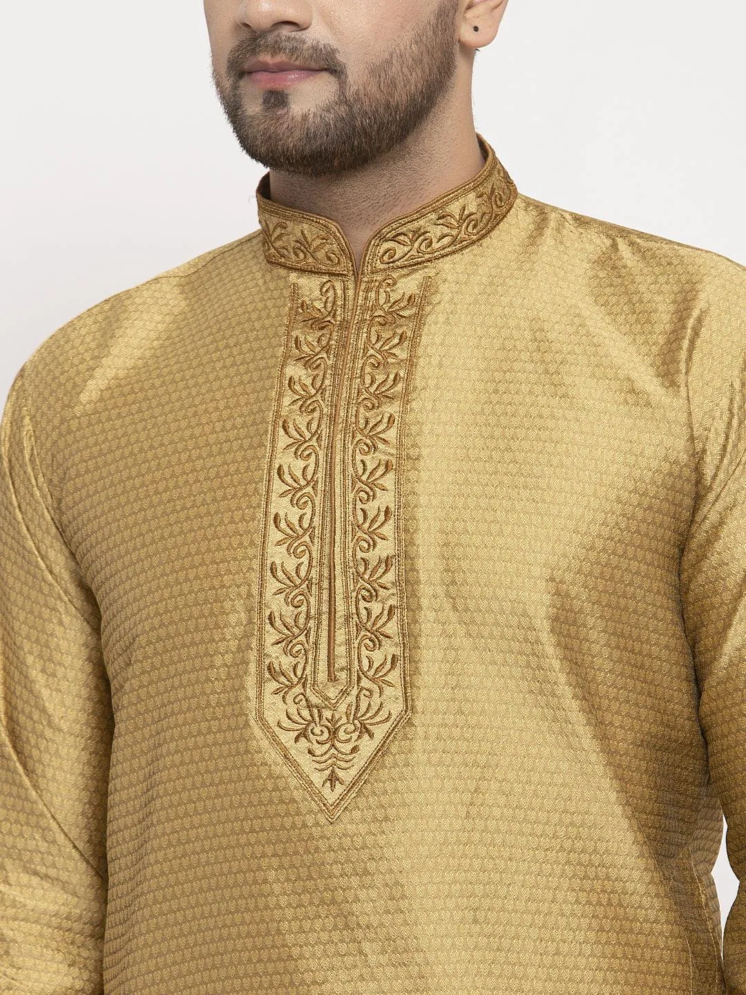 Men's Gold Yoke Design Solid Kurta With White Churidaar Pyjama - Benstoke