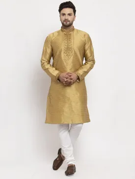 Men's Gold Yoke Design Solid Kurta With White Churidaar Pyjama - Benstoke