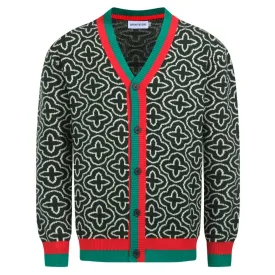 Men's green jacquard contrast knit cardigan sweater