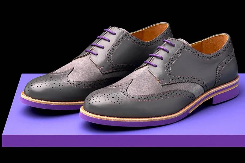 Mens Grey & Purple Leather Wingtip Dress Shoes- Size 12