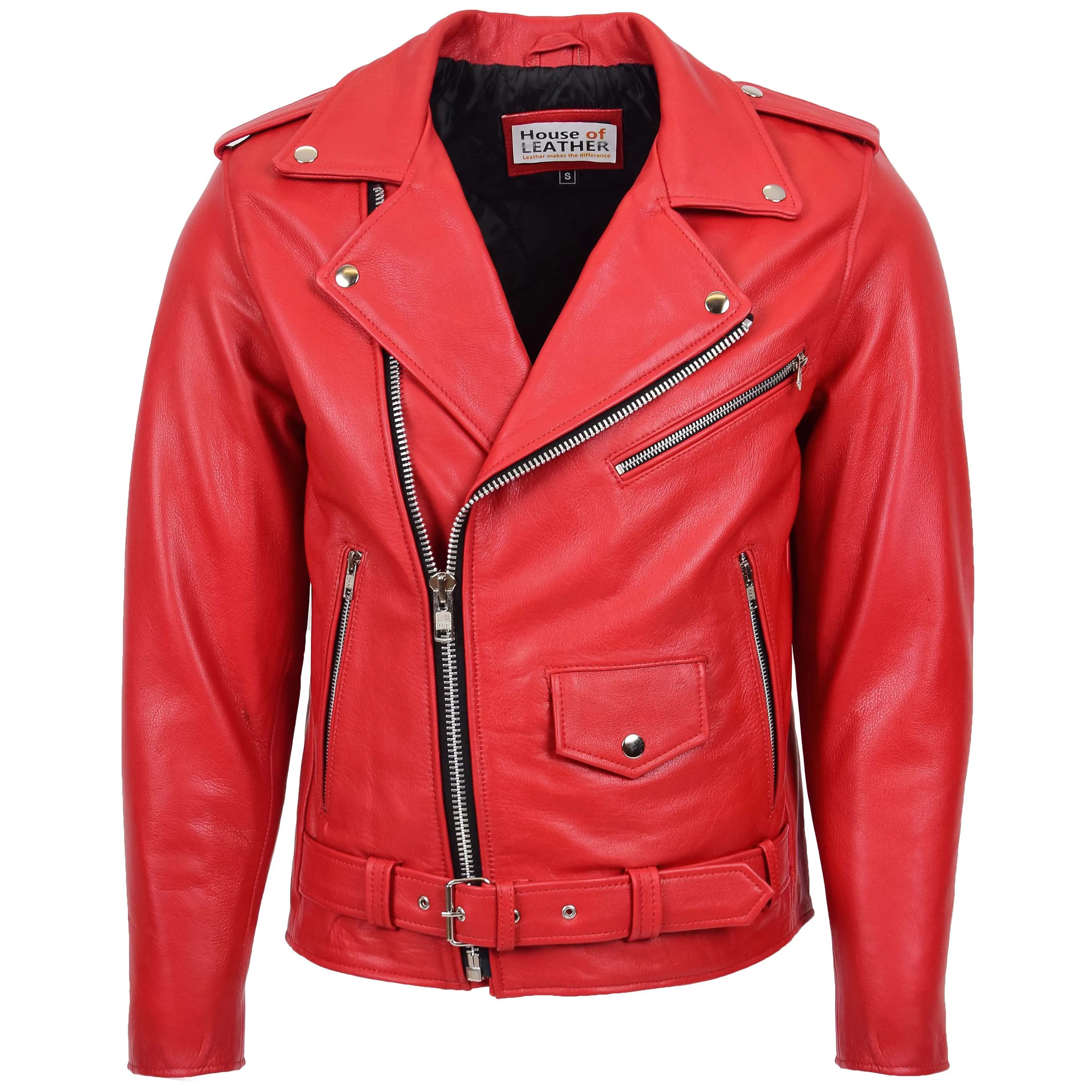 Mens Heavy Duty Leather Biker Brando Jacket Kyle Red