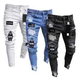 Men's Jeans Cotton Stretchy Ripped Skinny Hip Hop Hole Slim Fit Denim Pants - MJN0064