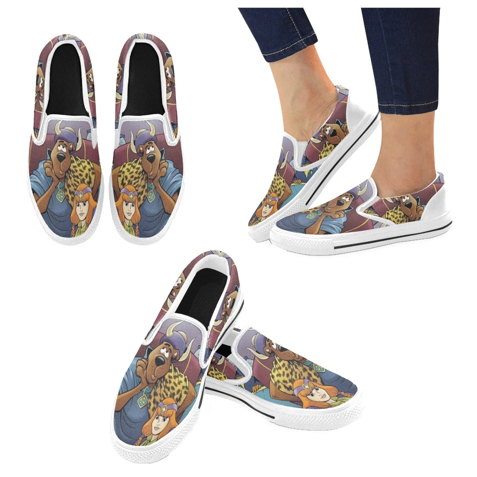 Men's King Scooby-Doo & Daphne Cartoon Print Canvas Slip-on Shoes (White)