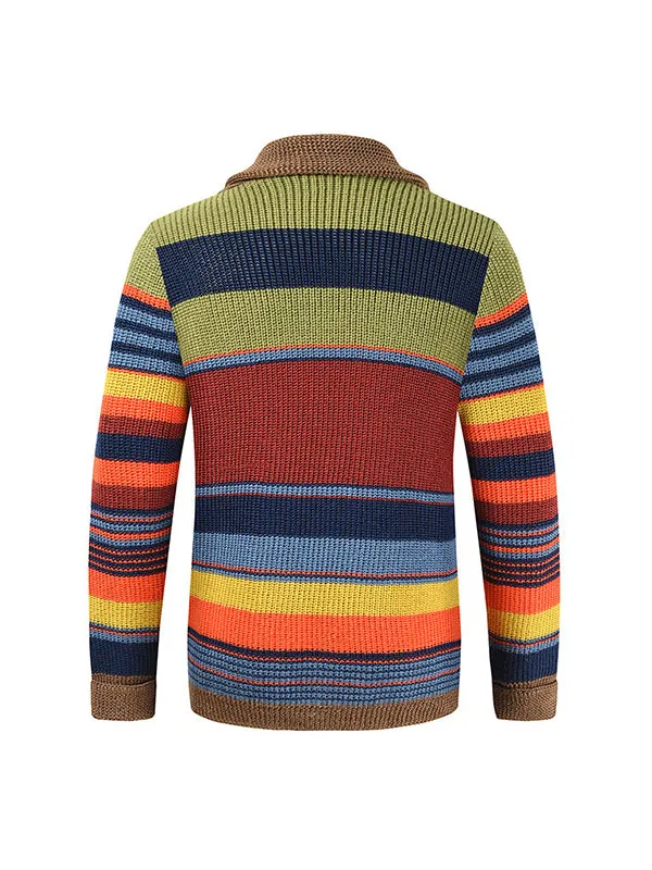 Men's Lapel Colorblock Knitted Cardigan Sweater