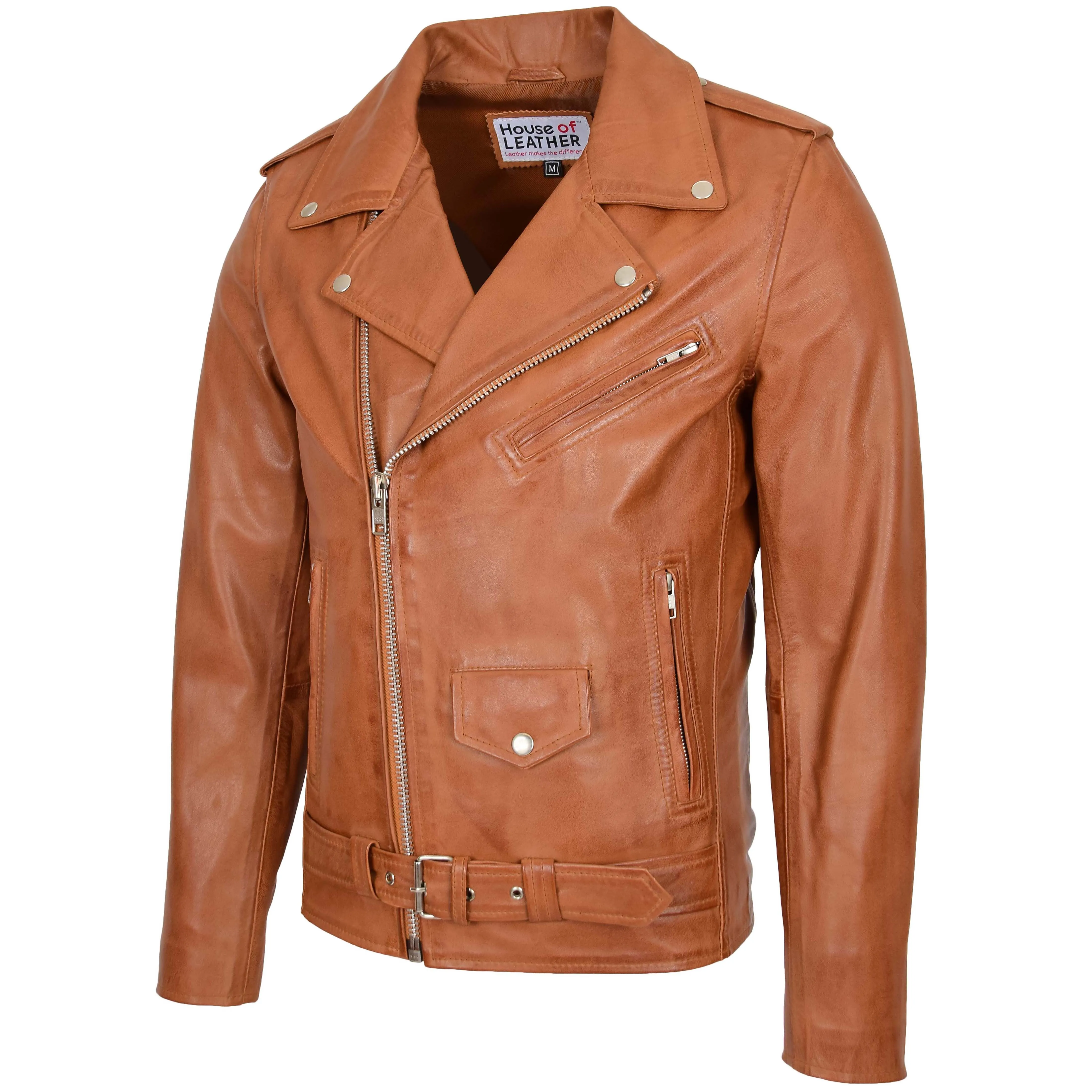 Mens Leather Biker Jacket Brando Style Johnny Tan