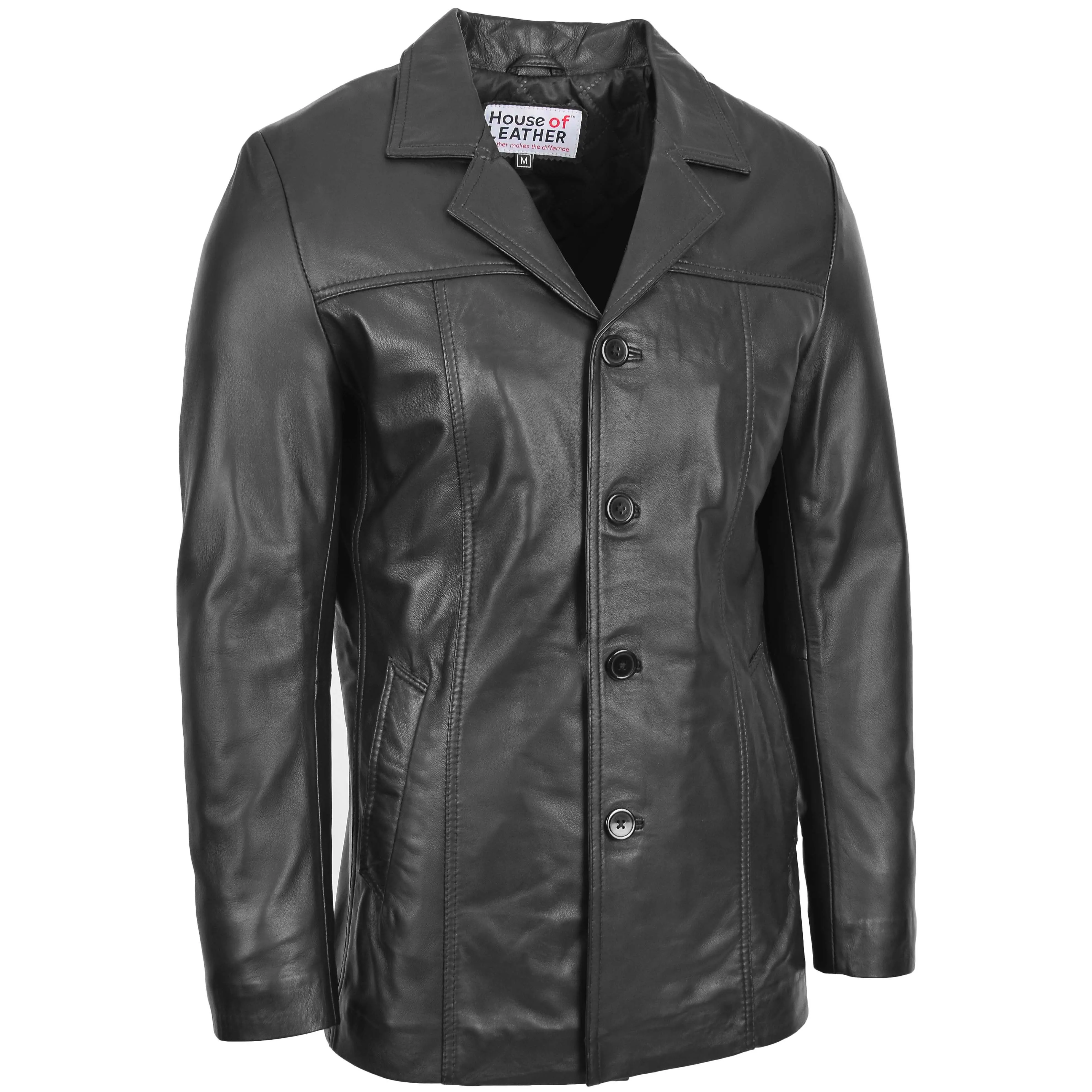 Mens Leather Classic Reefer Jacket Thrill Black