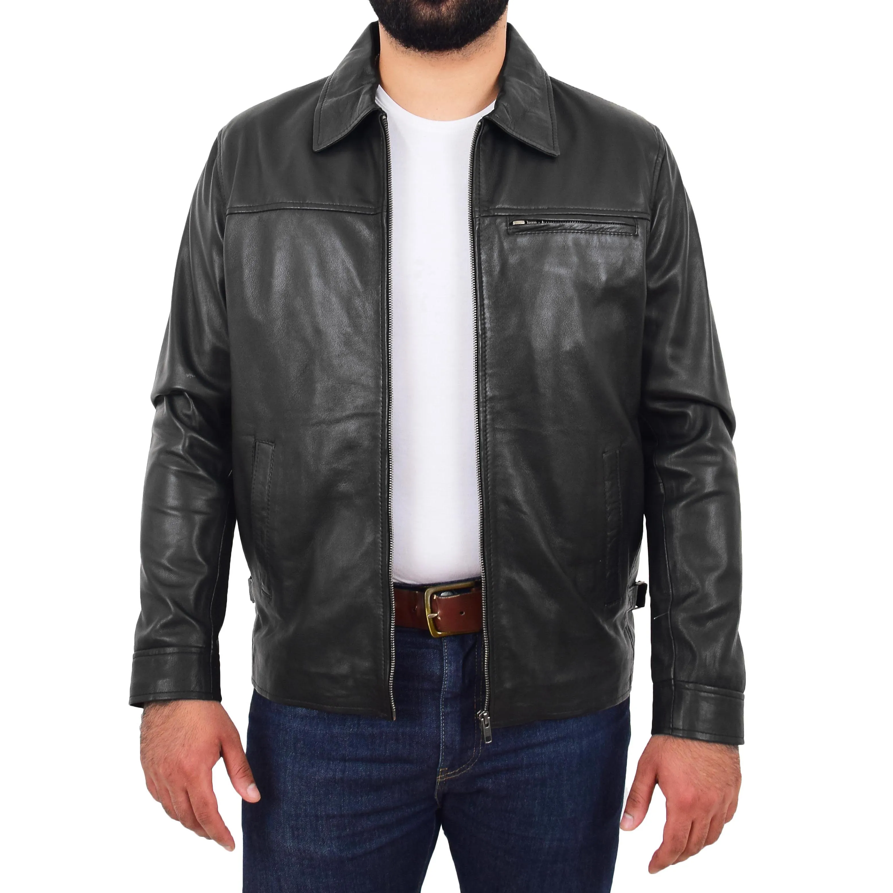 Mens Leather Jacket Genuine Soft Black Zip Fasten Box Style Sean