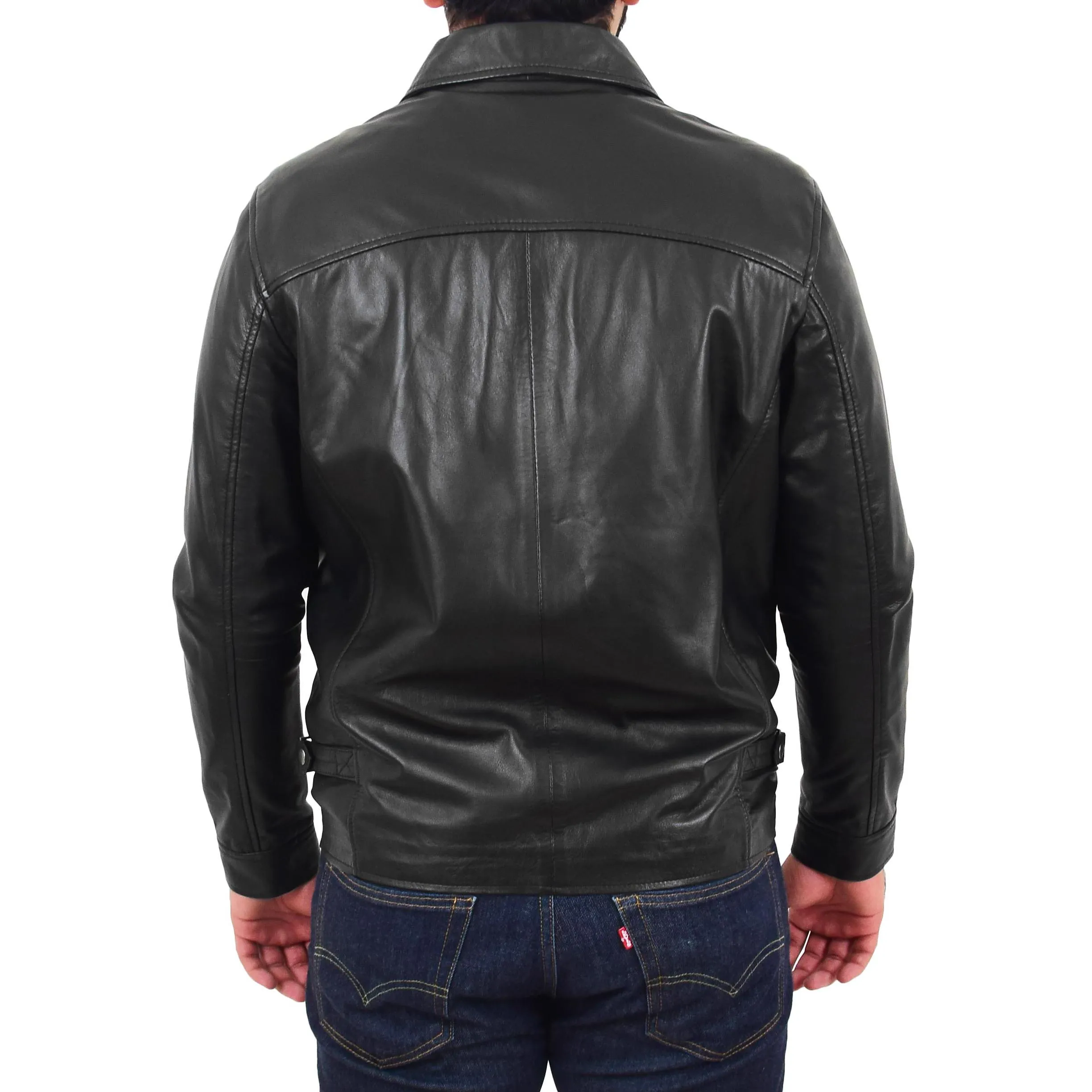 Mens Leather Jacket Genuine Soft Black Zip Fasten Box Style Sean