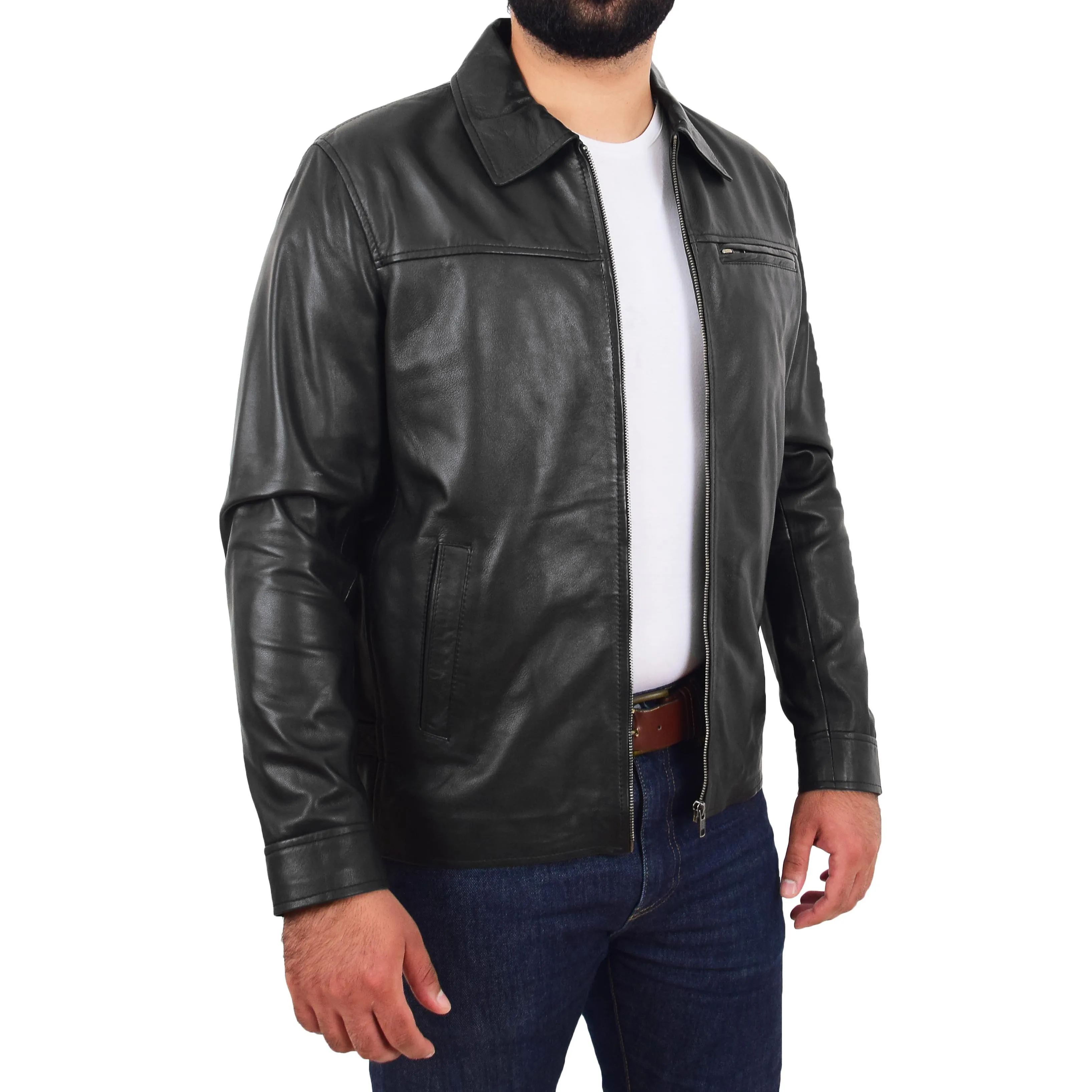 Mens Leather Jacket Genuine Soft Black Zip Fasten Box Style Sean