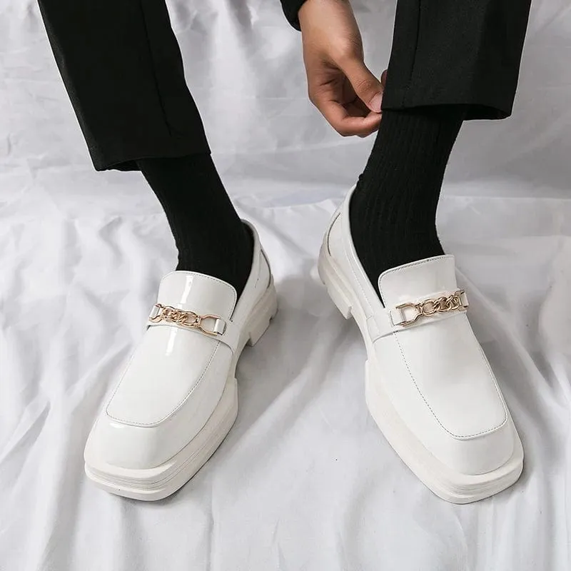 Men’s Luxury White Leather Loafers – Retro Platform Derby Business Shoes