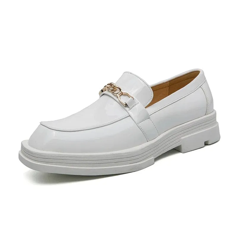 Men’s Luxury White Leather Loafers – Retro Platform Derby Business Shoes