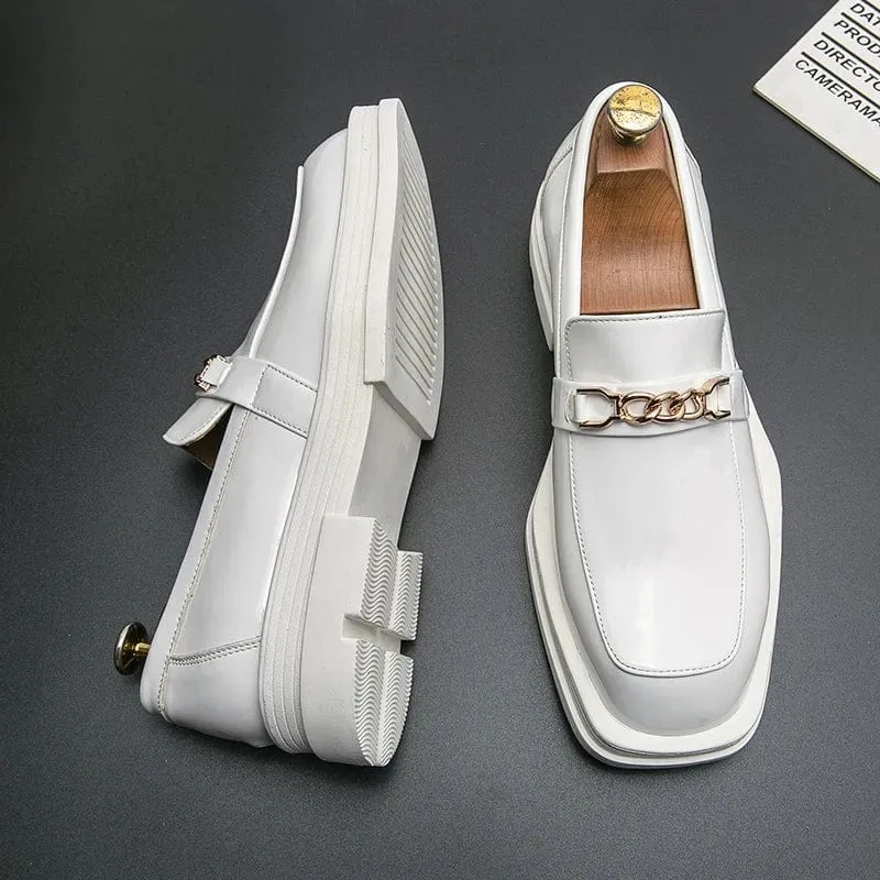 Men’s Luxury White Leather Loafers – Retro Platform Derby Business Shoes