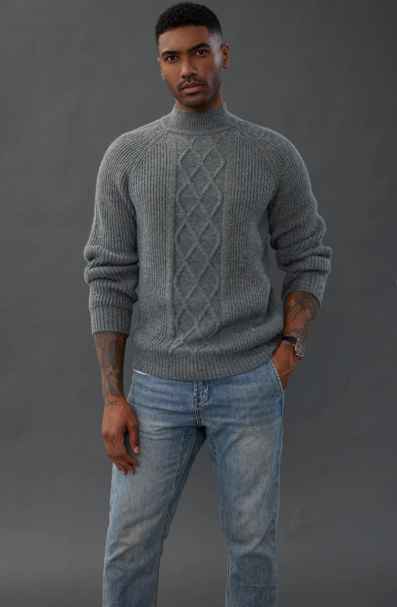 Men's Mock Neck Sweater Casual Cable Twisted Knitted Pullover Casual Sweaters