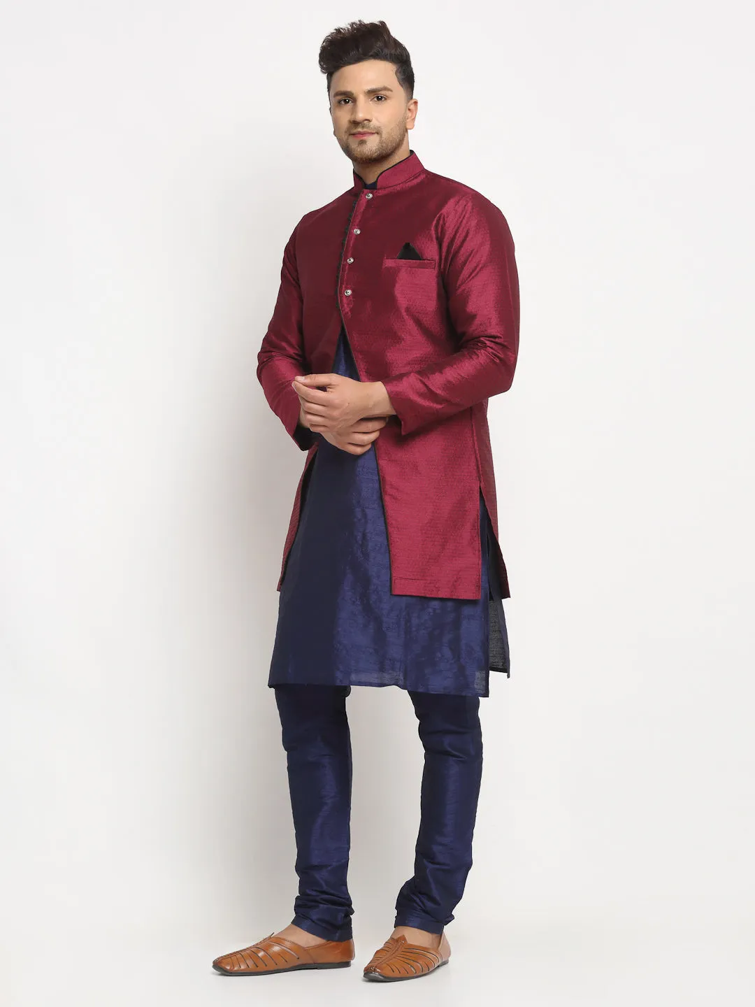 Men's Navy Blue Kurta With Pyjama & Burgundy Self Design Jacket - Benstoke