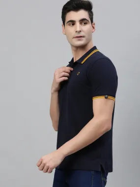 Men's Navy Blue Solid Cotton Slim Fit Polo T-Shirt