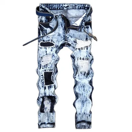 Men's New Motorcycle Jeans Pleated Holes Decorative Denim Pants Men Casual Jeans - MJN0065