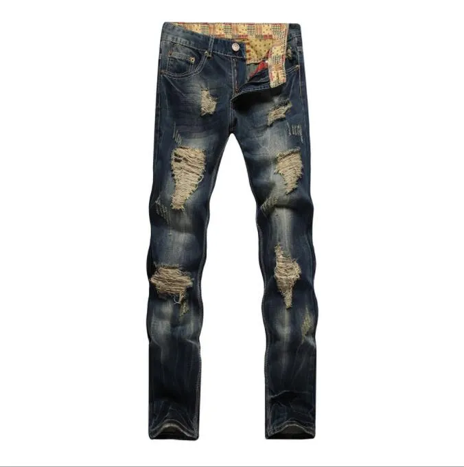 Men's New Motorcycle Jeans Pleated Holes Decorative Denim Pants Men Casual Jeans - MJN0065