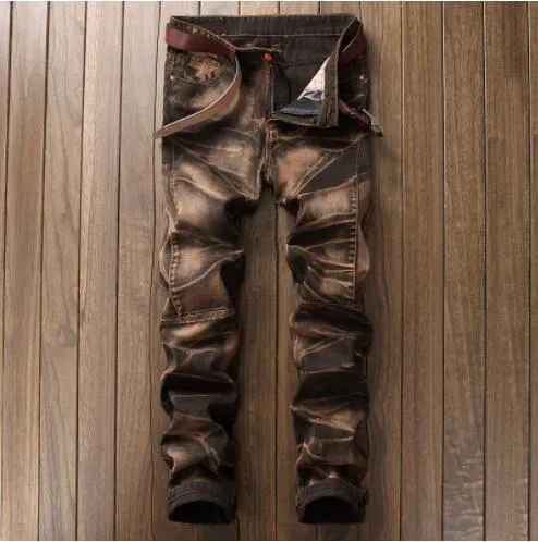 Men's New Motorcycle Jeans Pleated Holes Decorative Denim Pants Men Casual Jeans - MJN0065