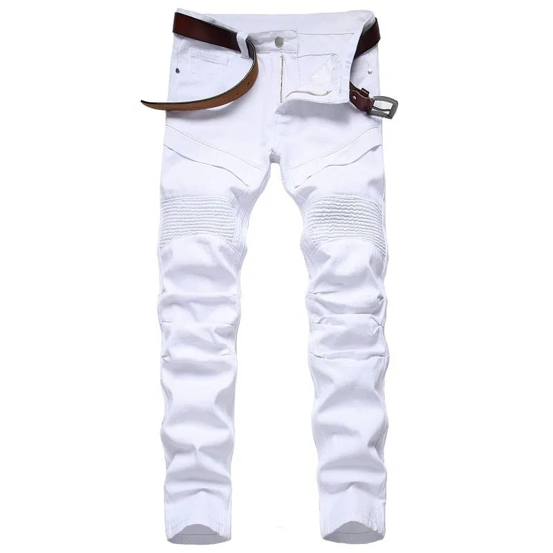 Men's New Motorcycle Jeans Pleated Holes Decorative Denim Pants Men Casual Jeans - MJN0065