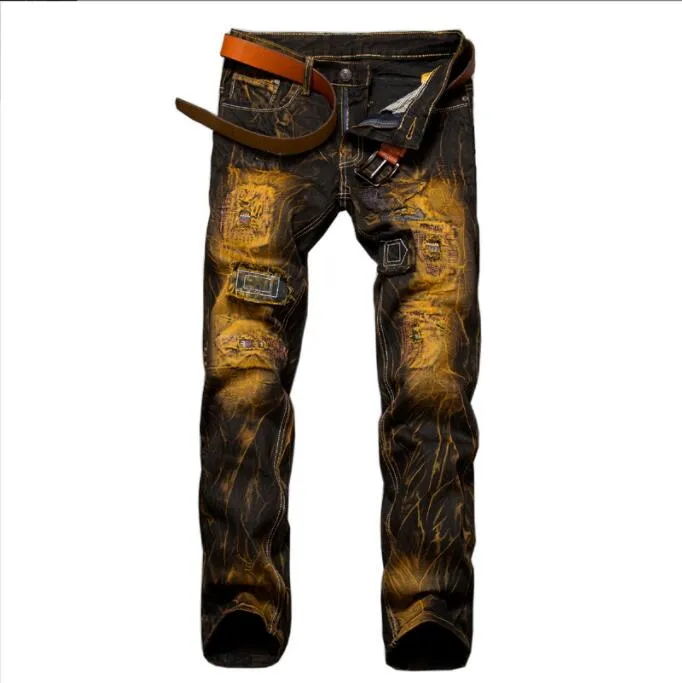 Men's New Motorcycle Jeans Pleated Holes Decorative Denim Pants Men Casual Jeans - MJN0065