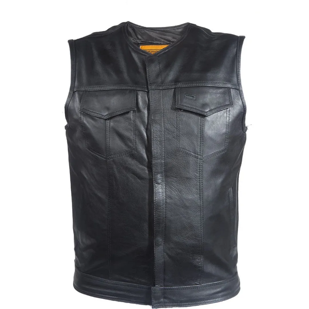 Mens No Collar Naked Leather Motorcycle Club Vest With Gun Pockets Solid Back