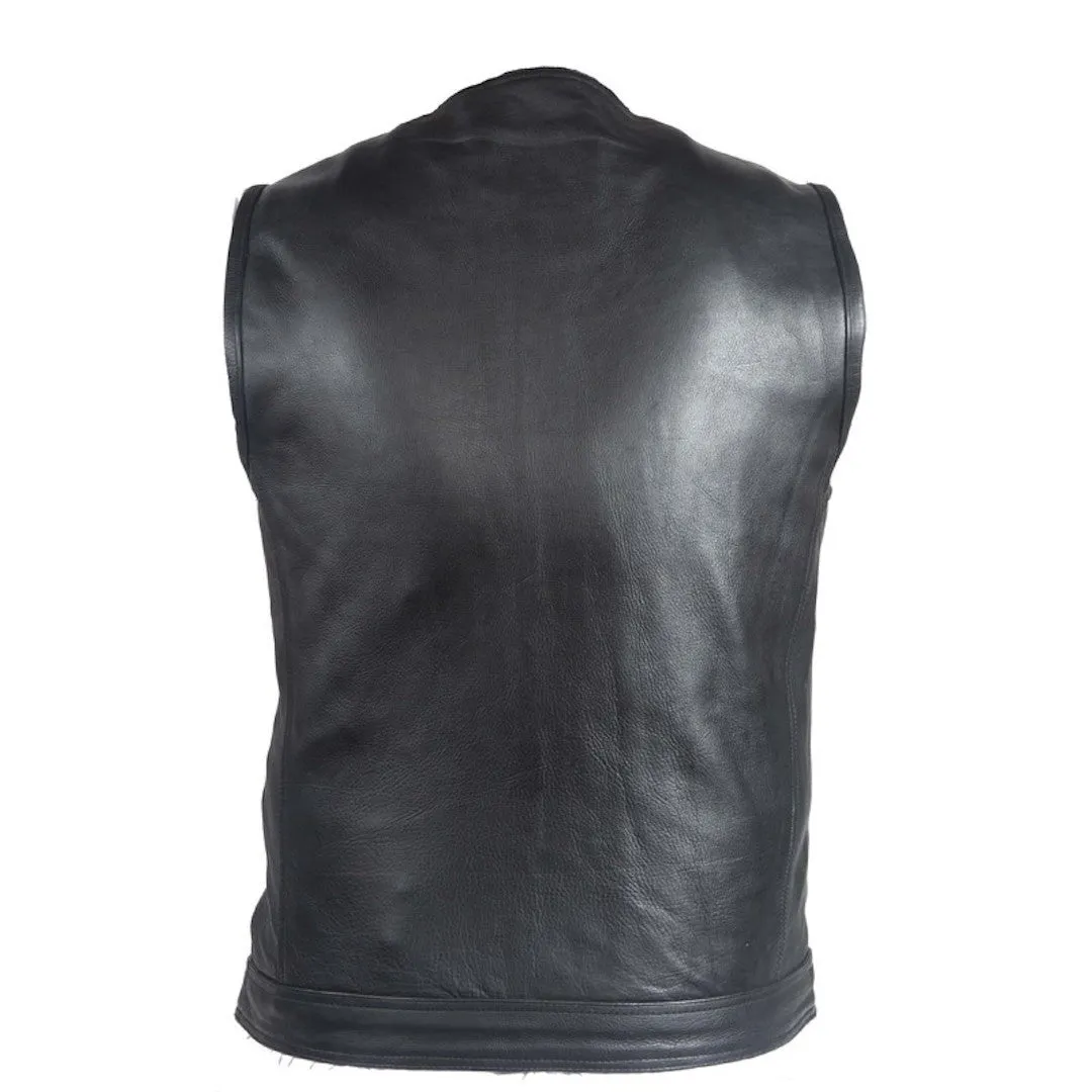 Mens No Collar Split Leather Motorcycle Club Vest With Gun Pockets Solid Back