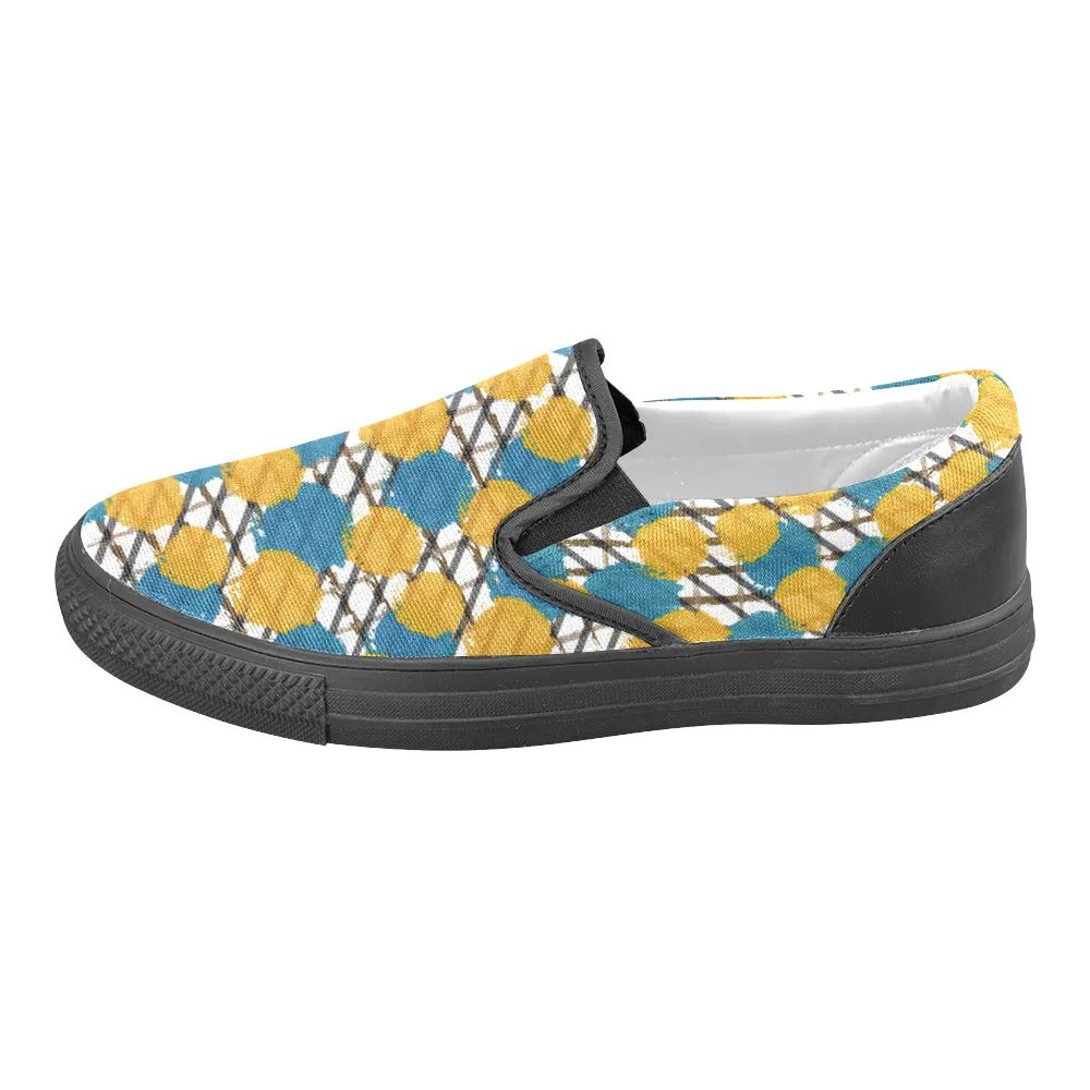 Men's Ochre Blue Polka Print Canvas Slip-On Shoes