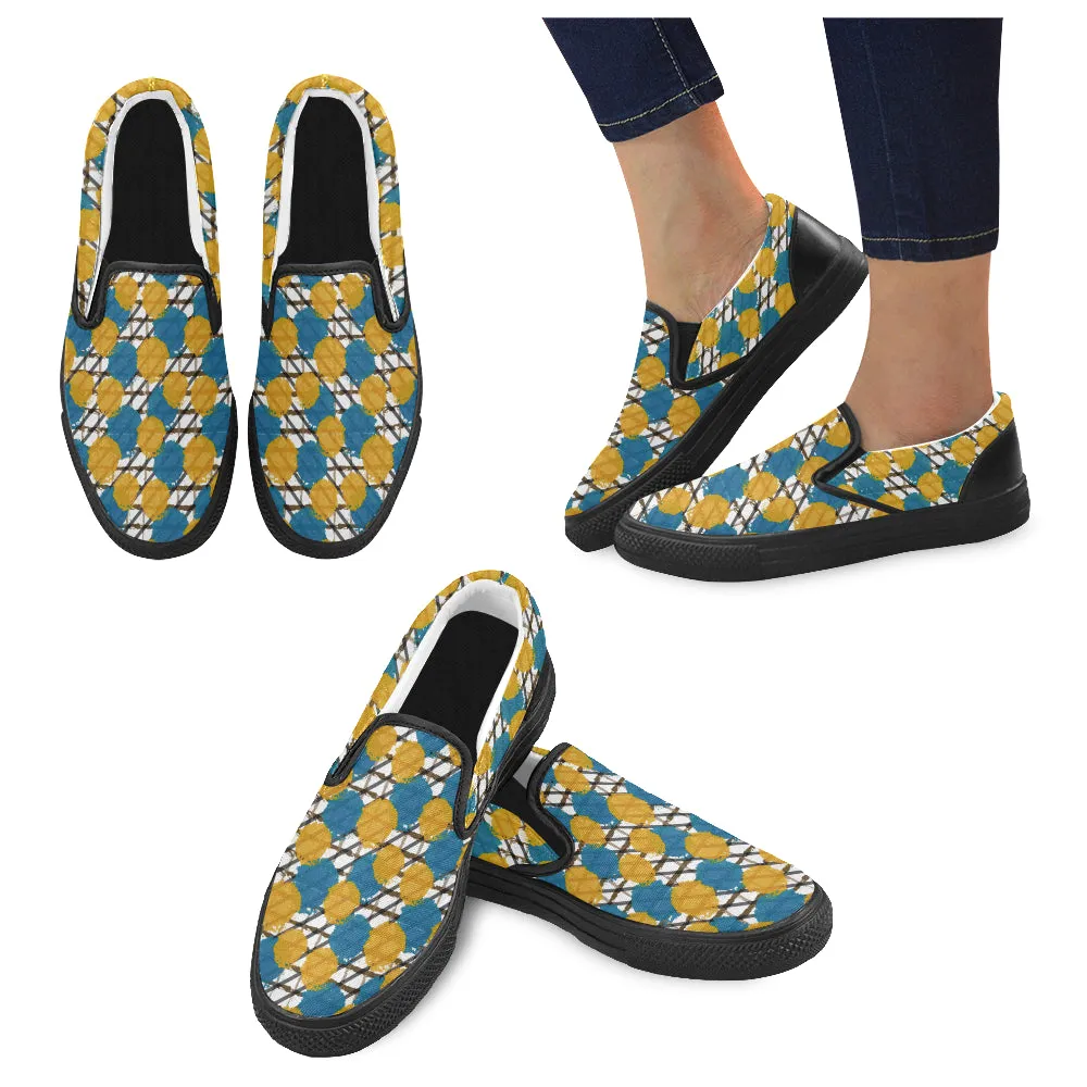 Men's Ochre Blue Polka Print Canvas Slip-On Shoes