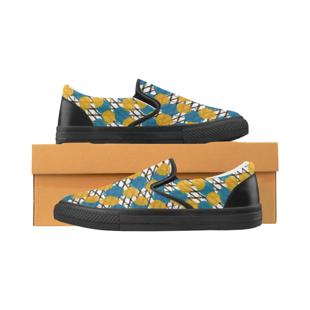 Men's Ochre Blue Polka Print Canvas Slip-On Shoes