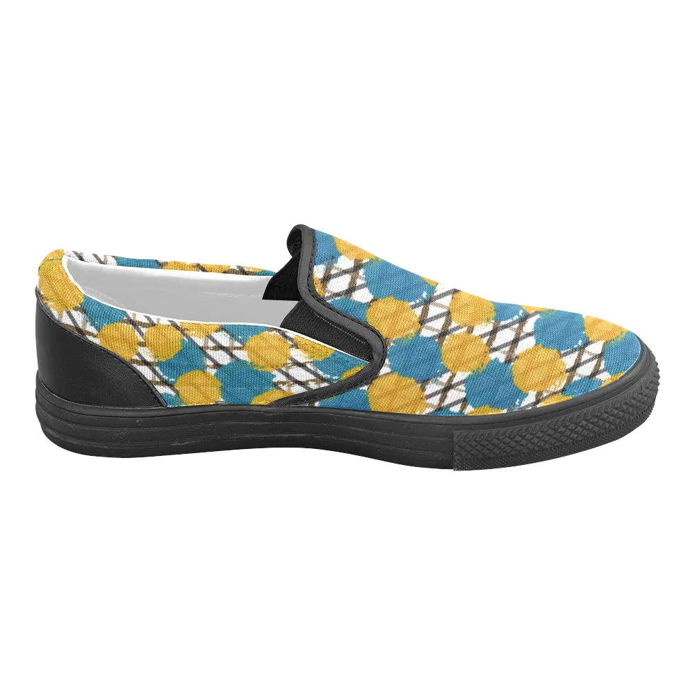 Men's Ochre Blue Polka Print Canvas Slip-On Shoes