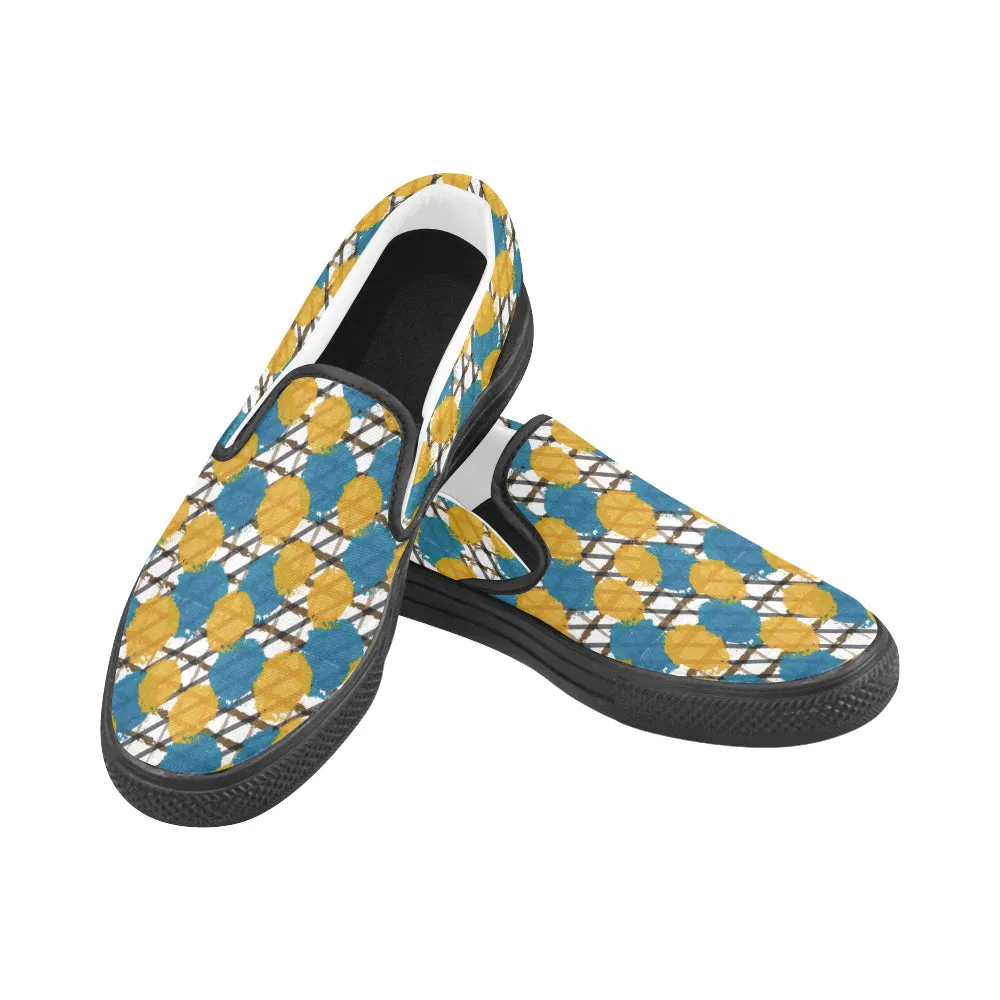 Men's Ochre Blue Polka Print Canvas Slip-On Shoes