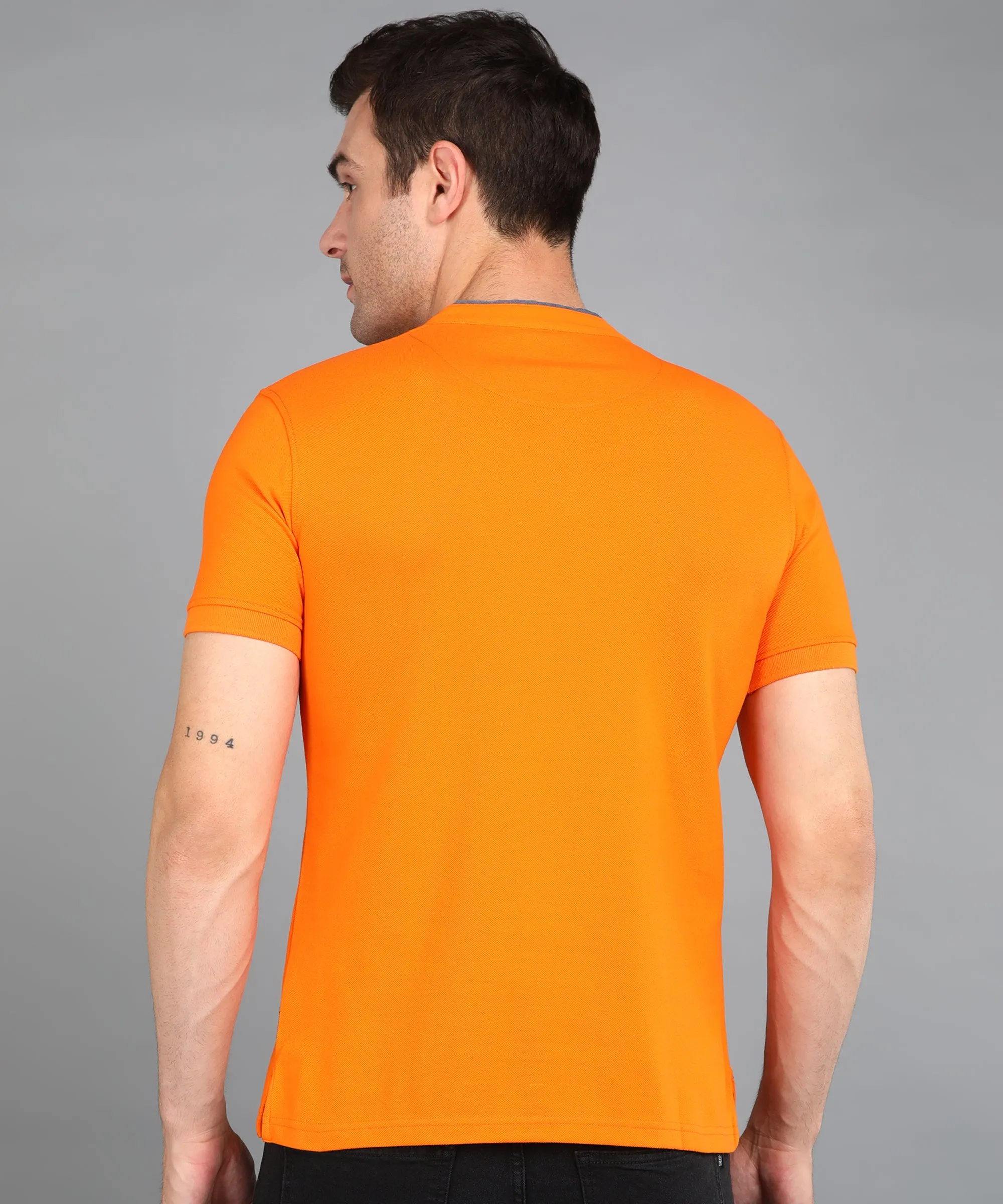 Men's Orange Solid Slim Fit Half Sleeve Cotton Polo T-Shirt with Mandarin Collar