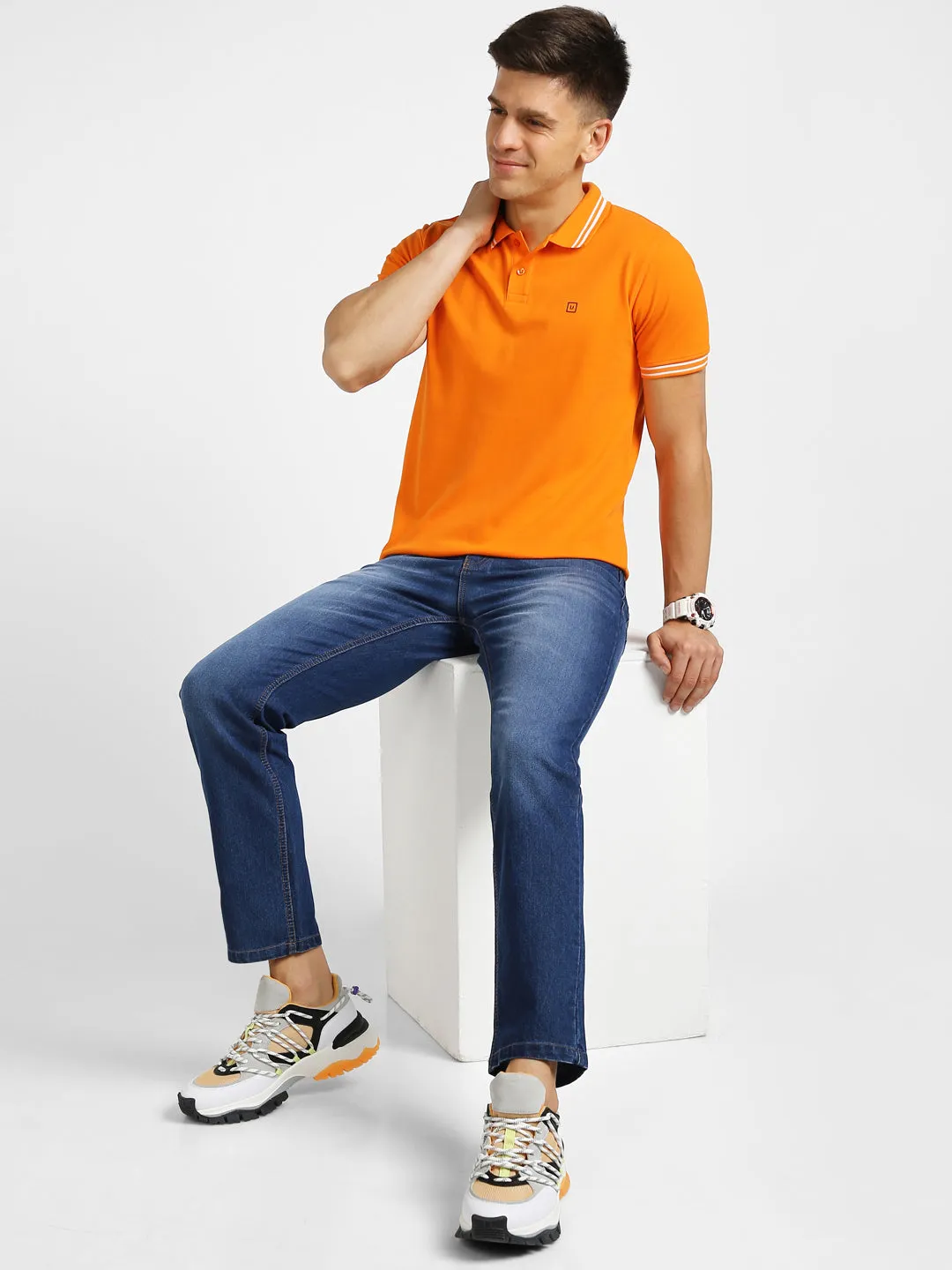 Men's Orange Solid Slim Fit Half Sleeve Cotton Polo T-Shirt