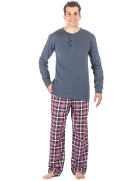 Mens Premium 100% Cotton Flannel Lounge Set - Plaid Blue/Red