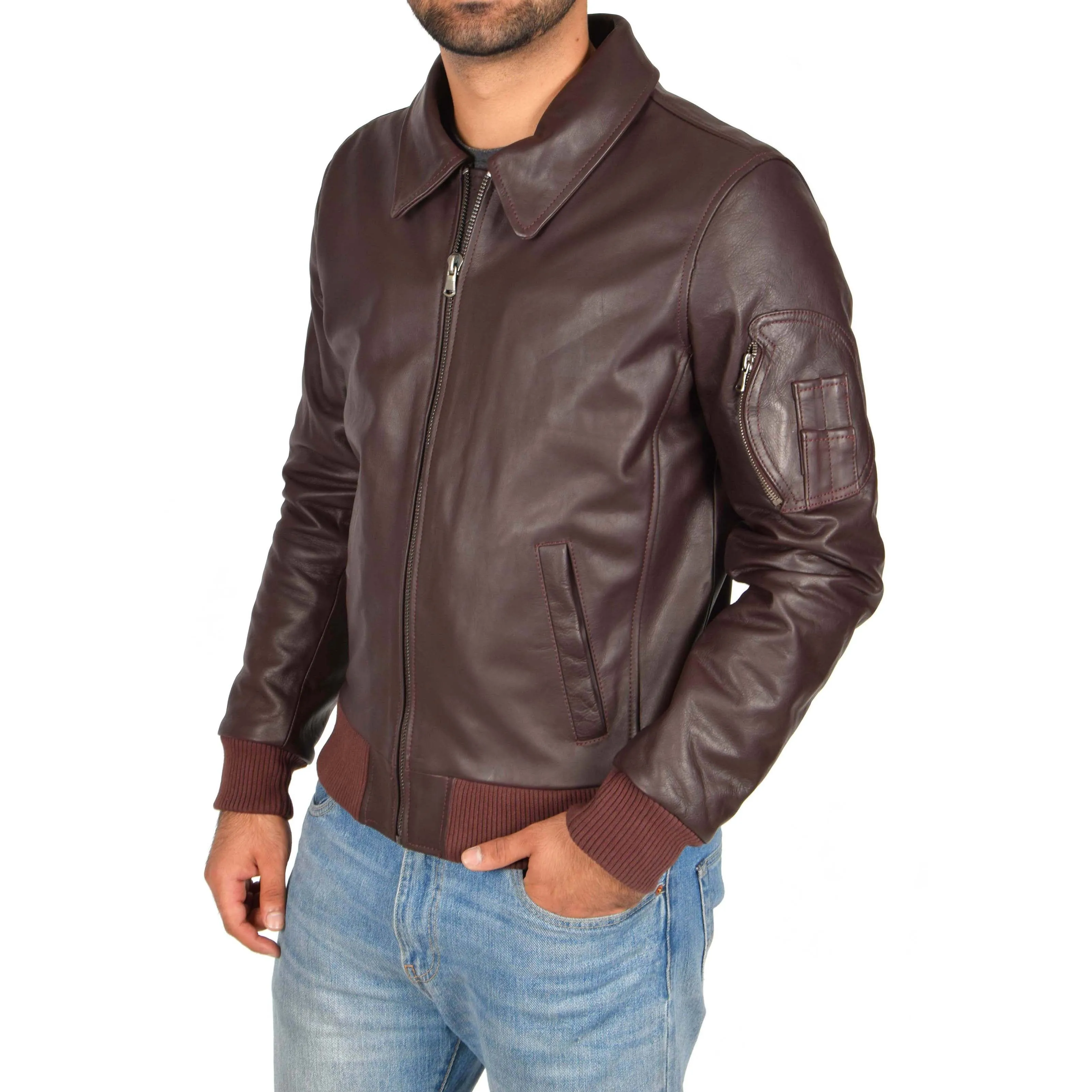 Mens Real Cowhide Bomber Leather Pilot Jacket Lance Burgundy