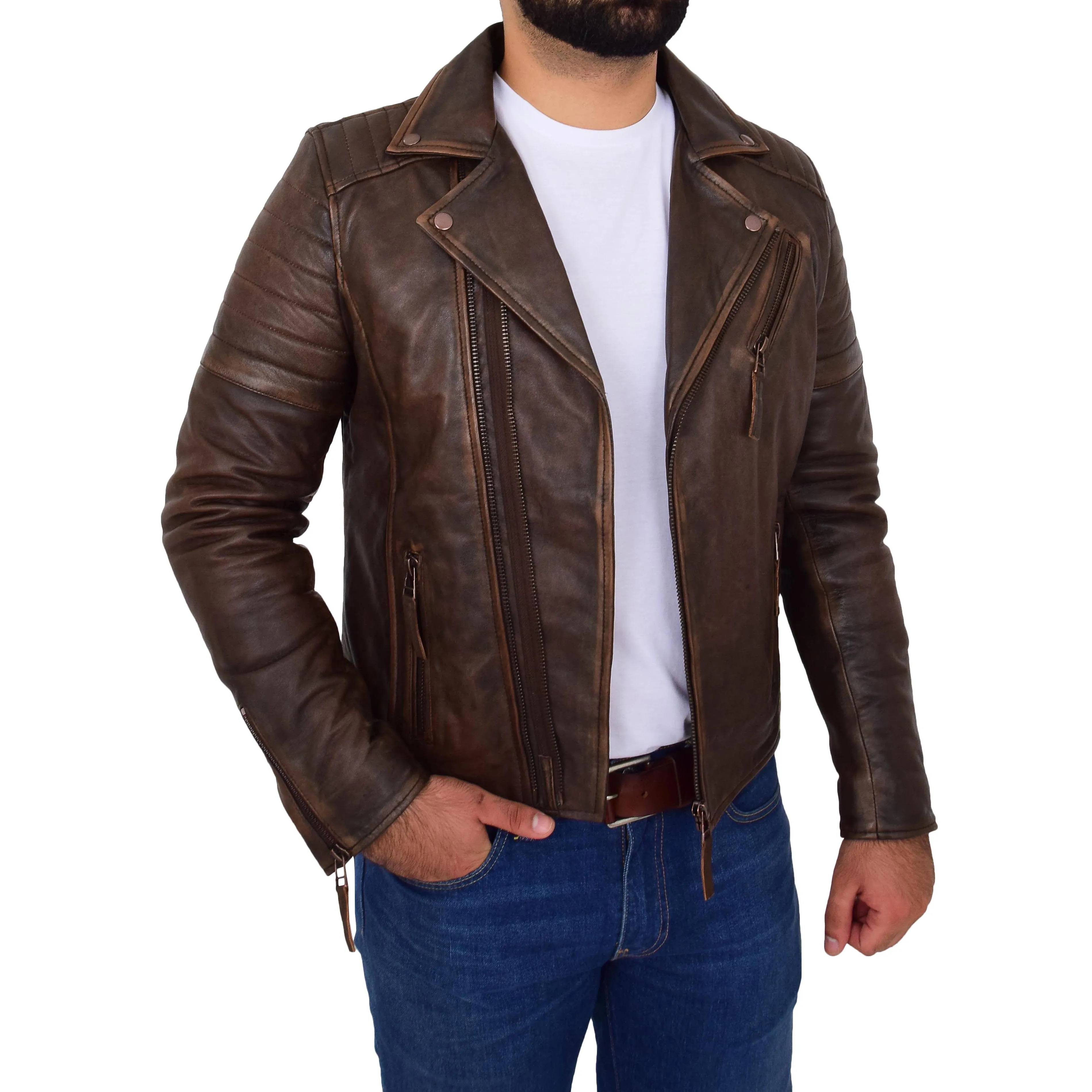 Mens Real Leather Biker Jacket Copper Rub Off Slim Fit Max Rust