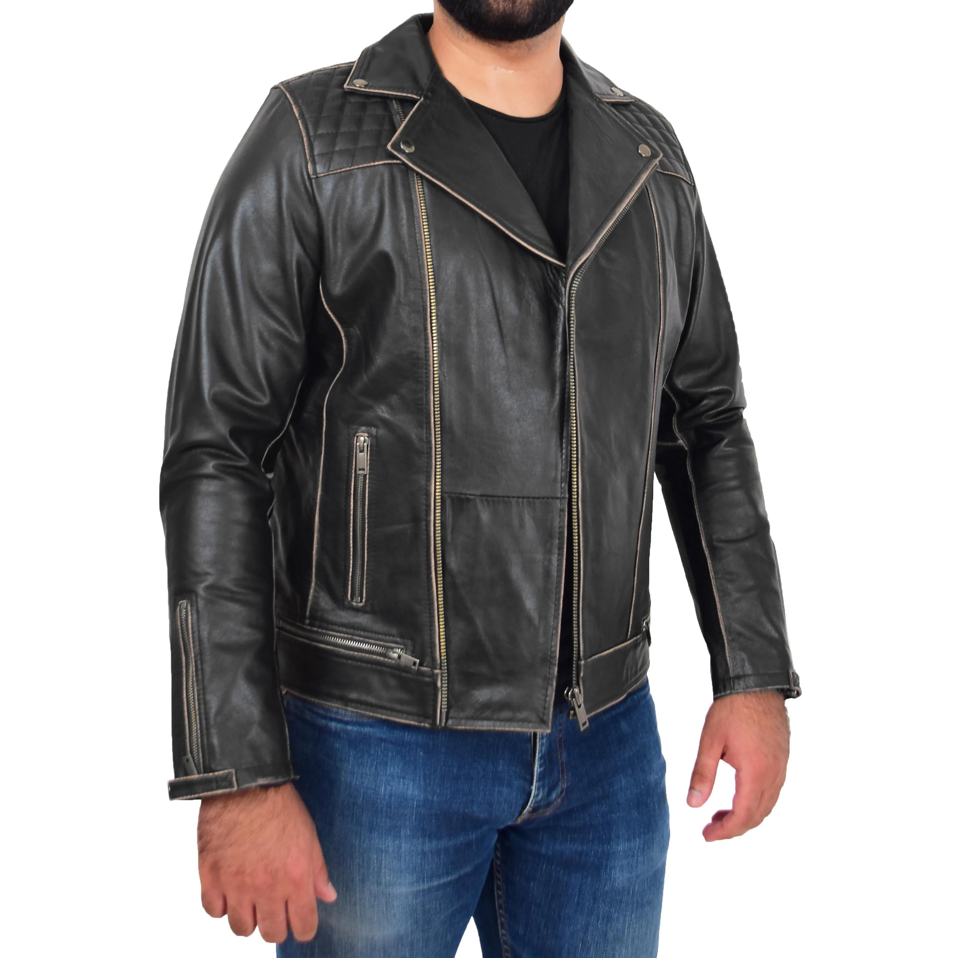 Mens Real Leather Biker Jacket Cruz Rub Off