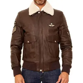 Men's Real Leather Brown Bomber Fur Collar Jacket