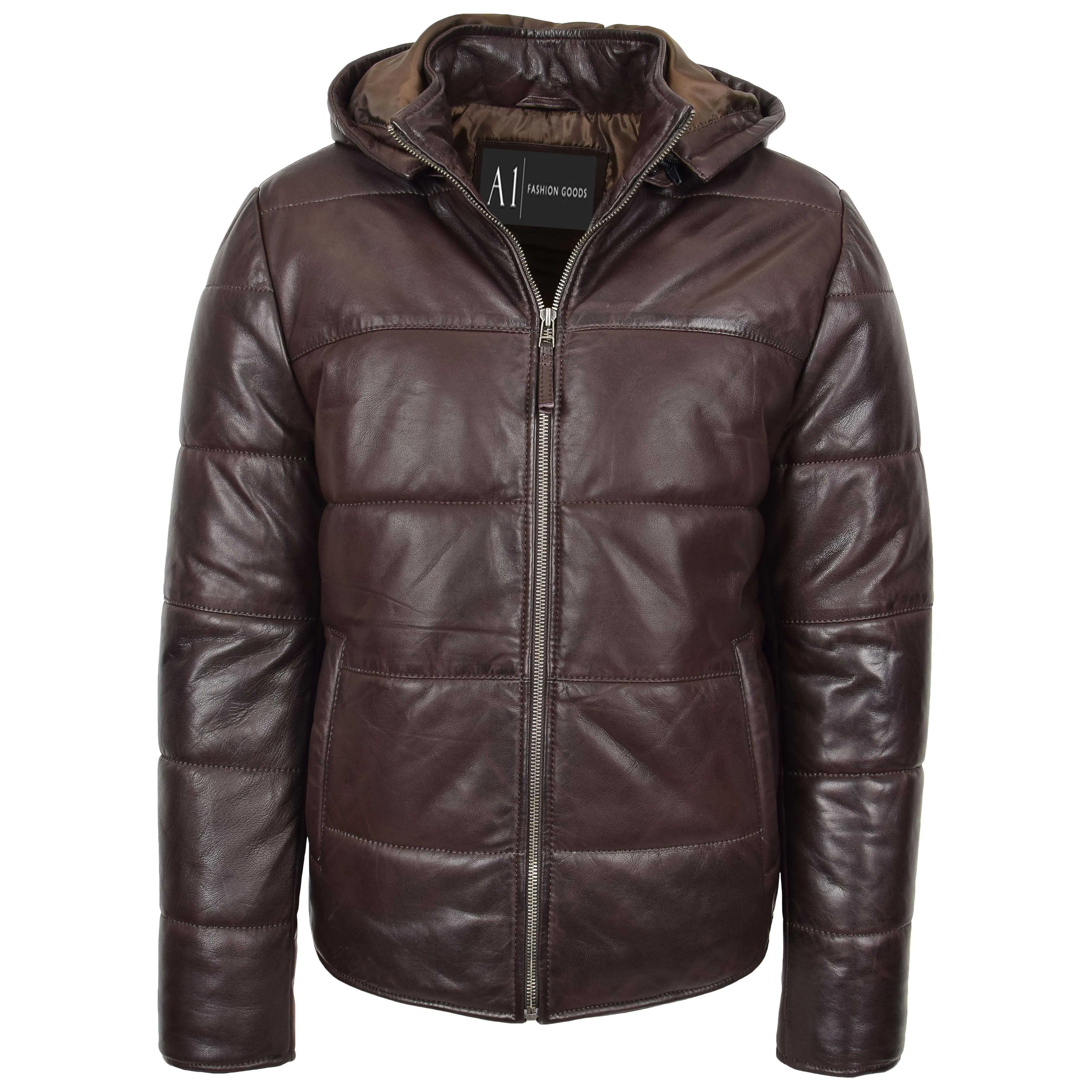 Mens Real Leather Puffer Jacket Fully Padded With Hood DRACO Brown