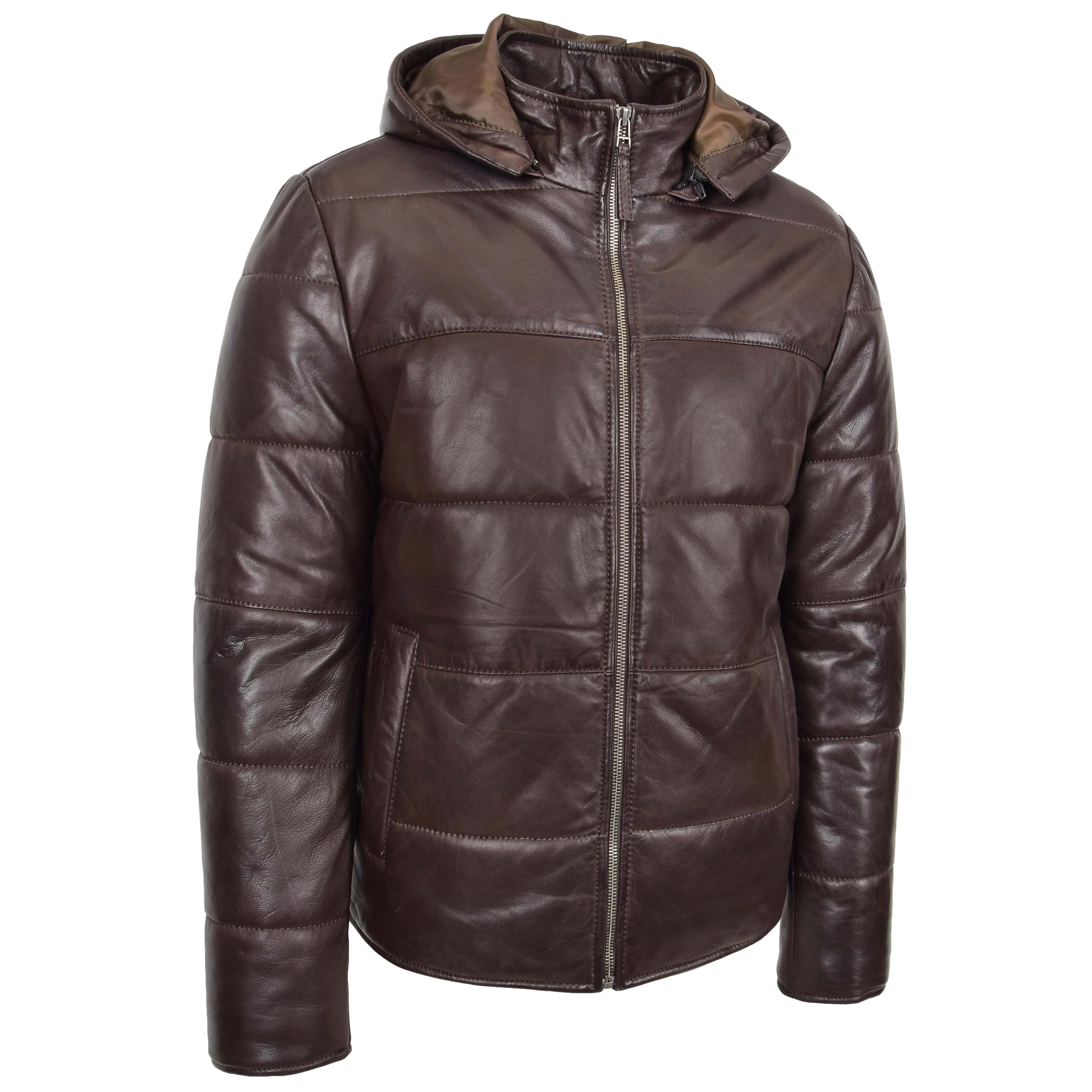 Mens Real Leather Puffer Jacket Fully Padded With Hood DRACO Brown