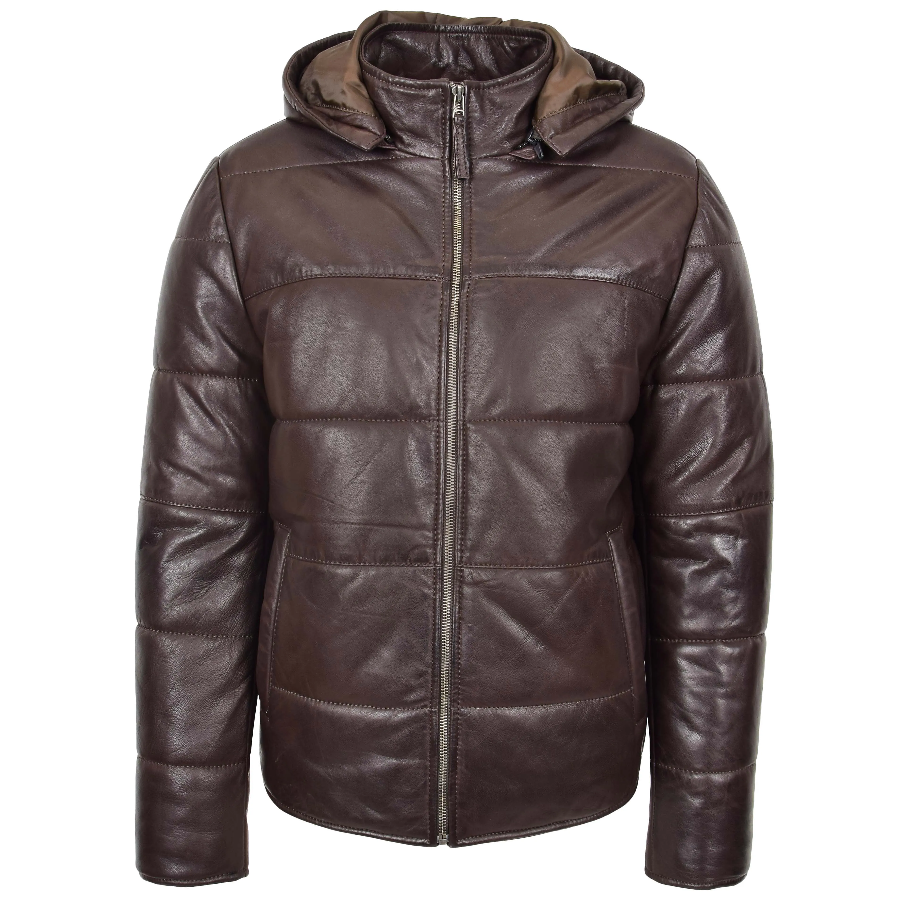 Mens Real Leather Puffer Jacket Fully Padded With Hood DRACO Brown