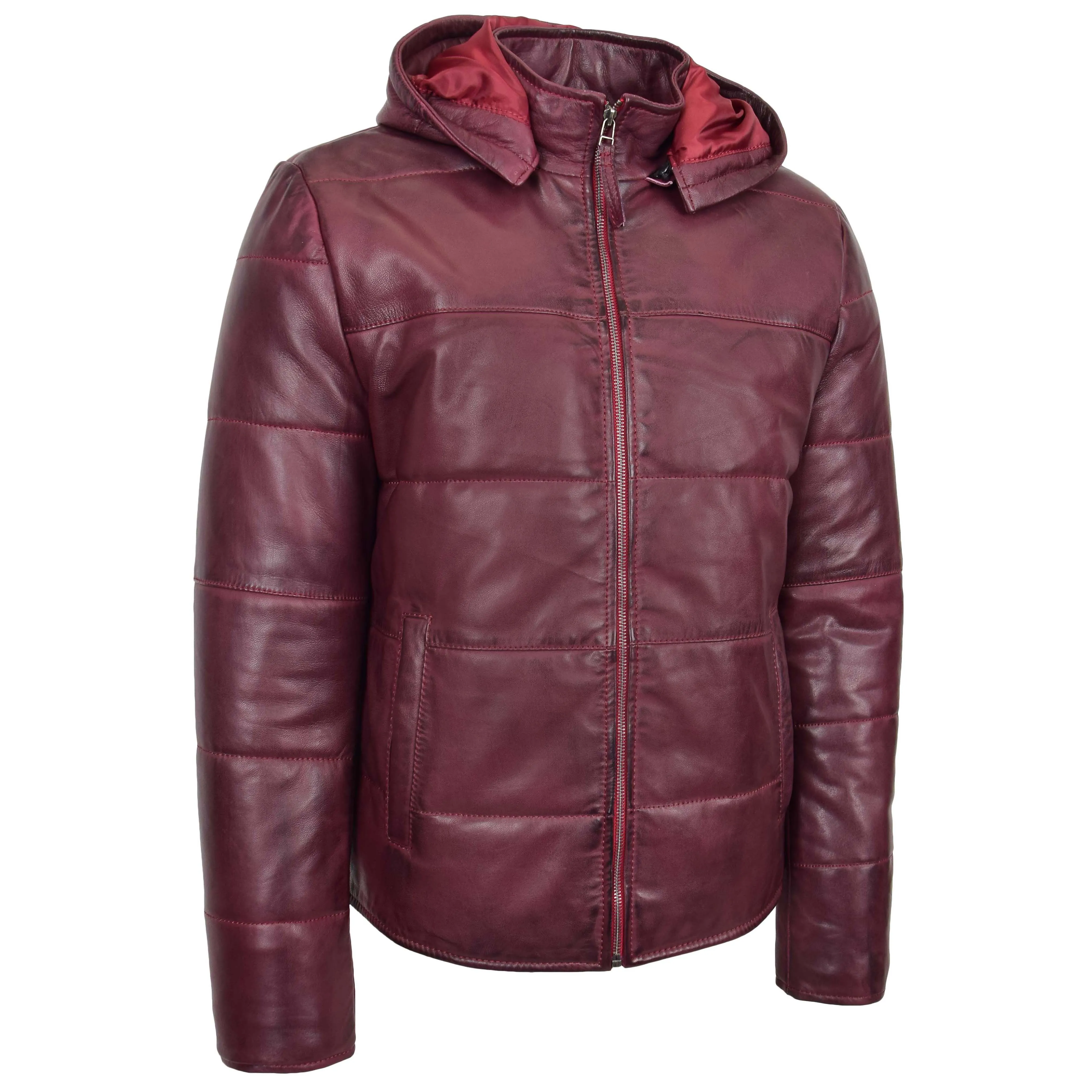 Mens Real Leather Puffer Jacket Fully Padded With Hood DRACO Burgundy