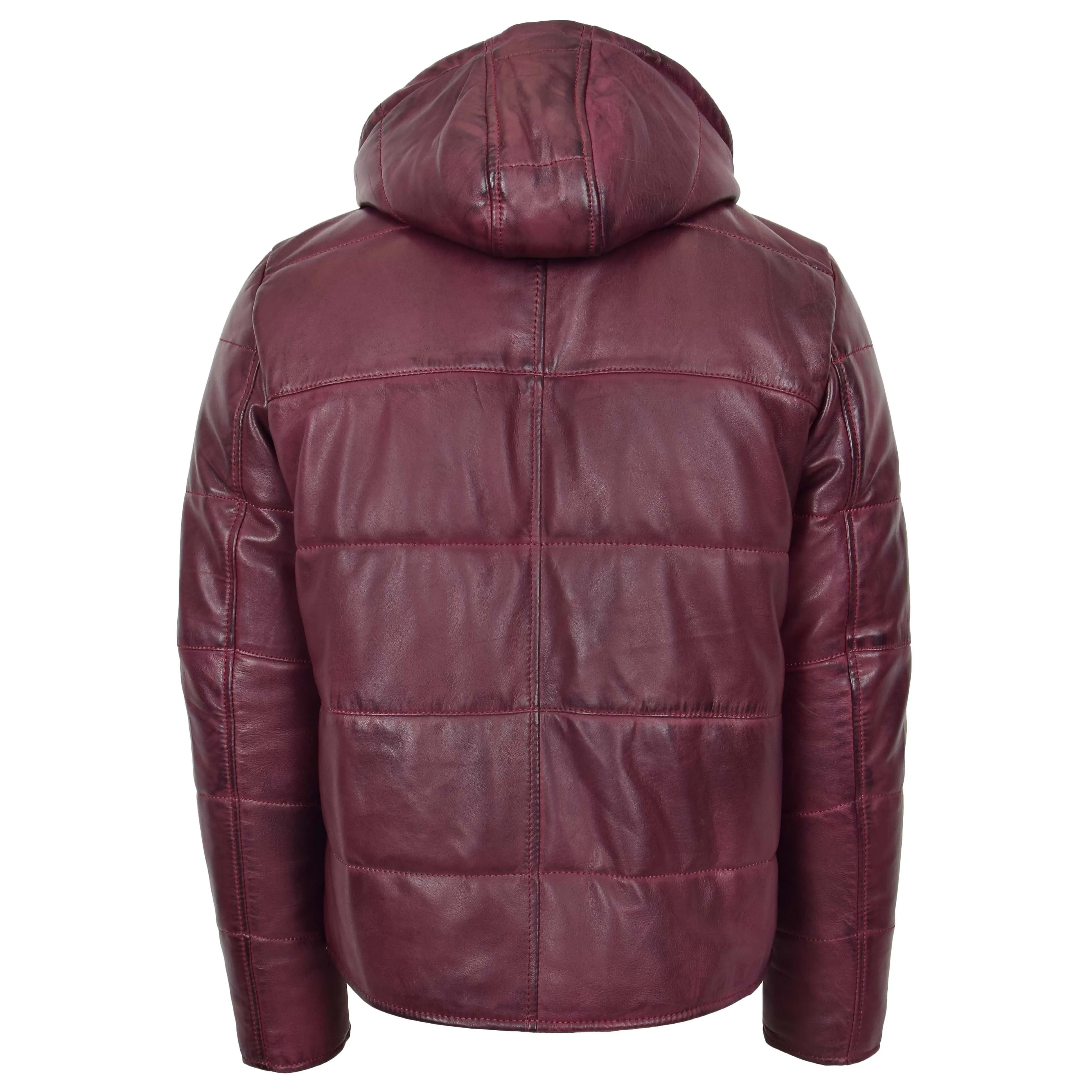 Mens Real Leather Puffer Jacket Fully Padded With Hood DRACO Burgundy