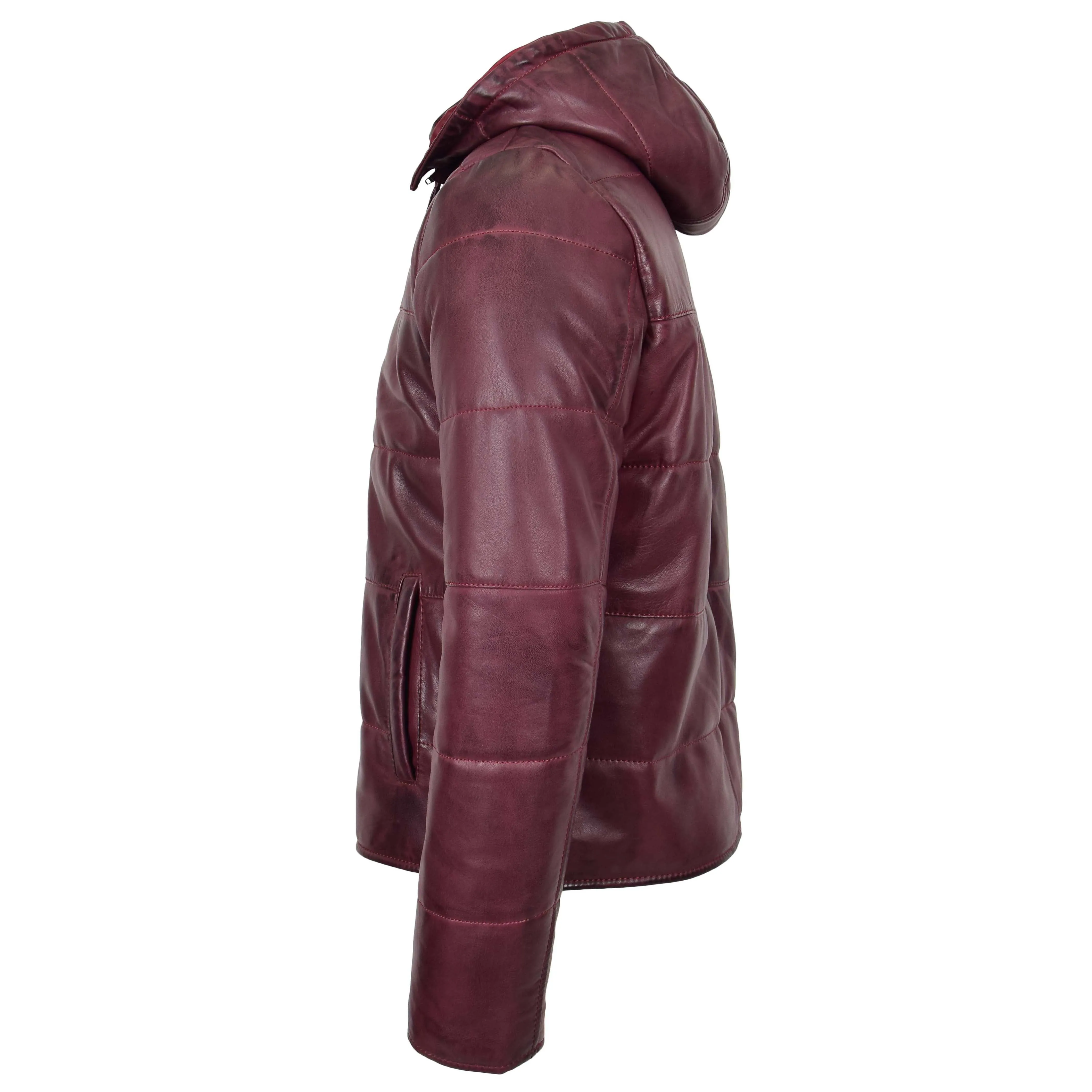 Mens Real Leather Puffer Jacket Fully Padded With Hood DRACO Burgundy