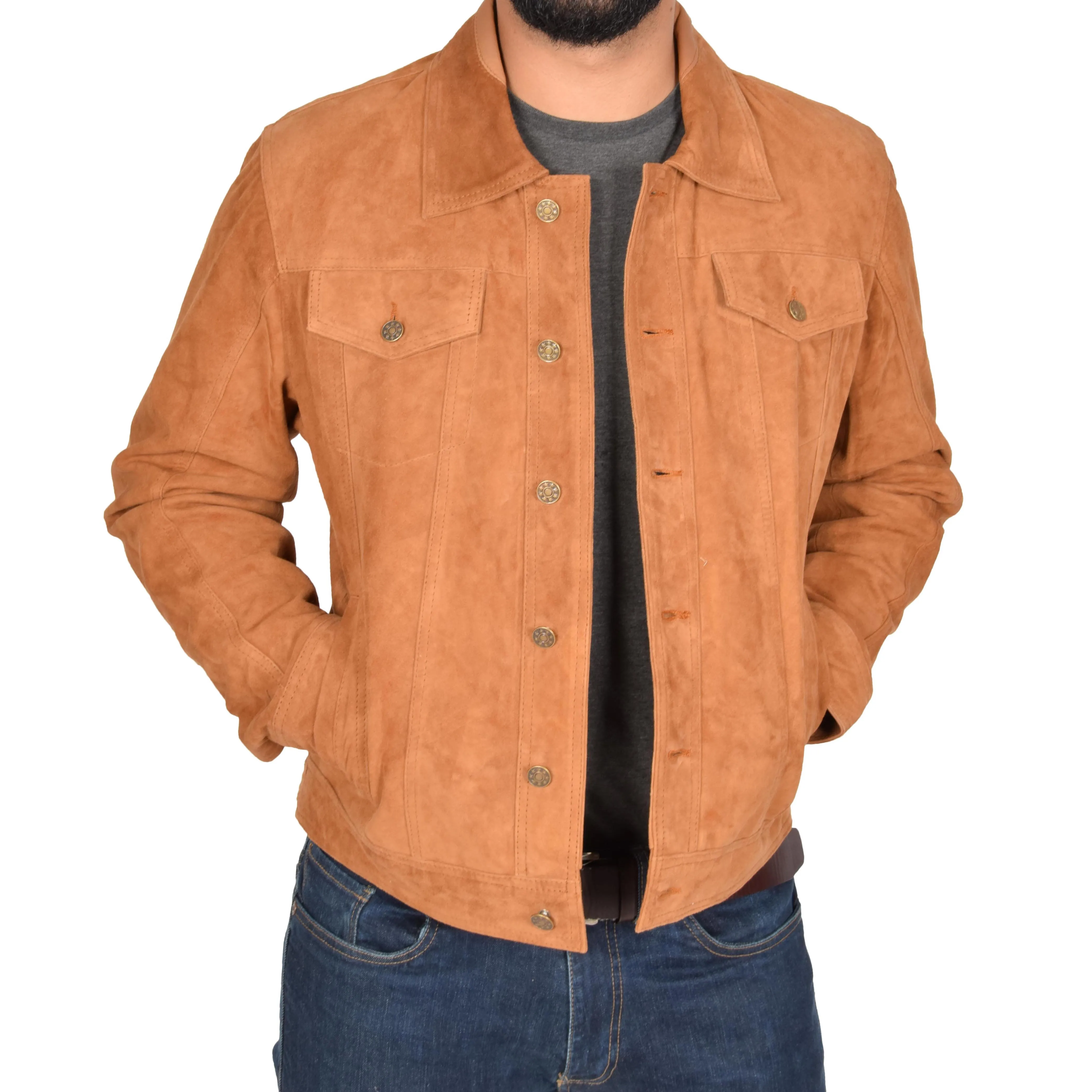 Mens Real Soft Goat Suede Trucker Denim Style Jacket Chuck Tan