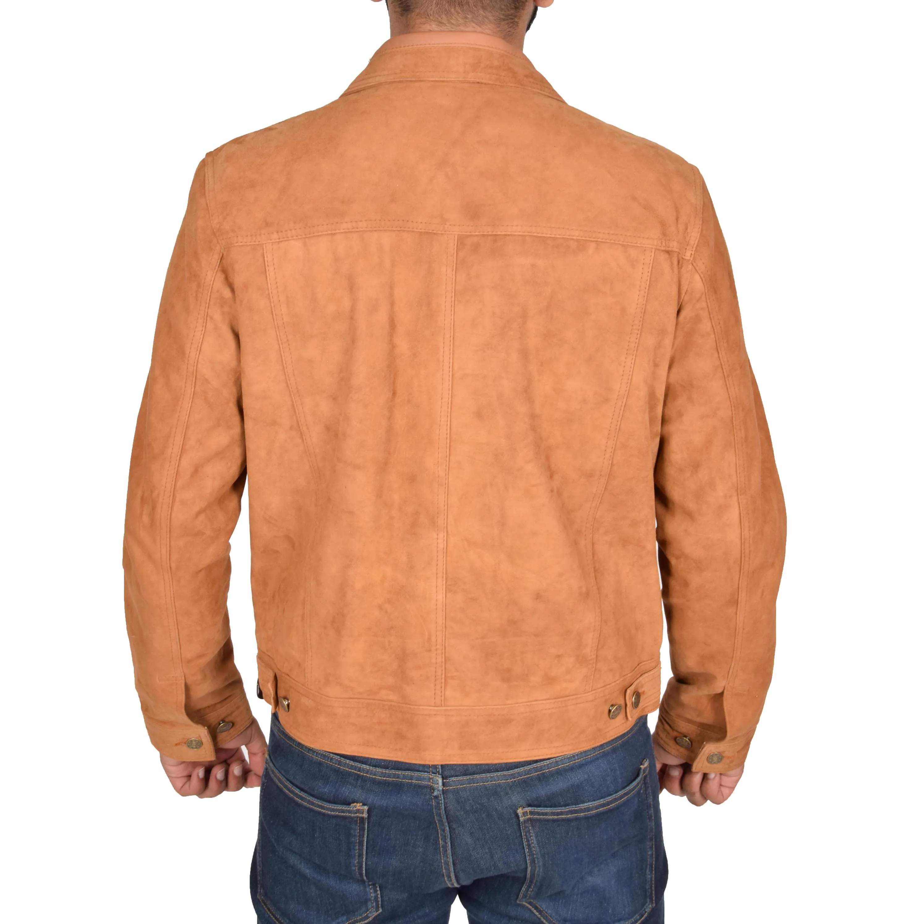 Mens Real Soft Goat Suede Trucker Denim Style Jacket Chuck Tan