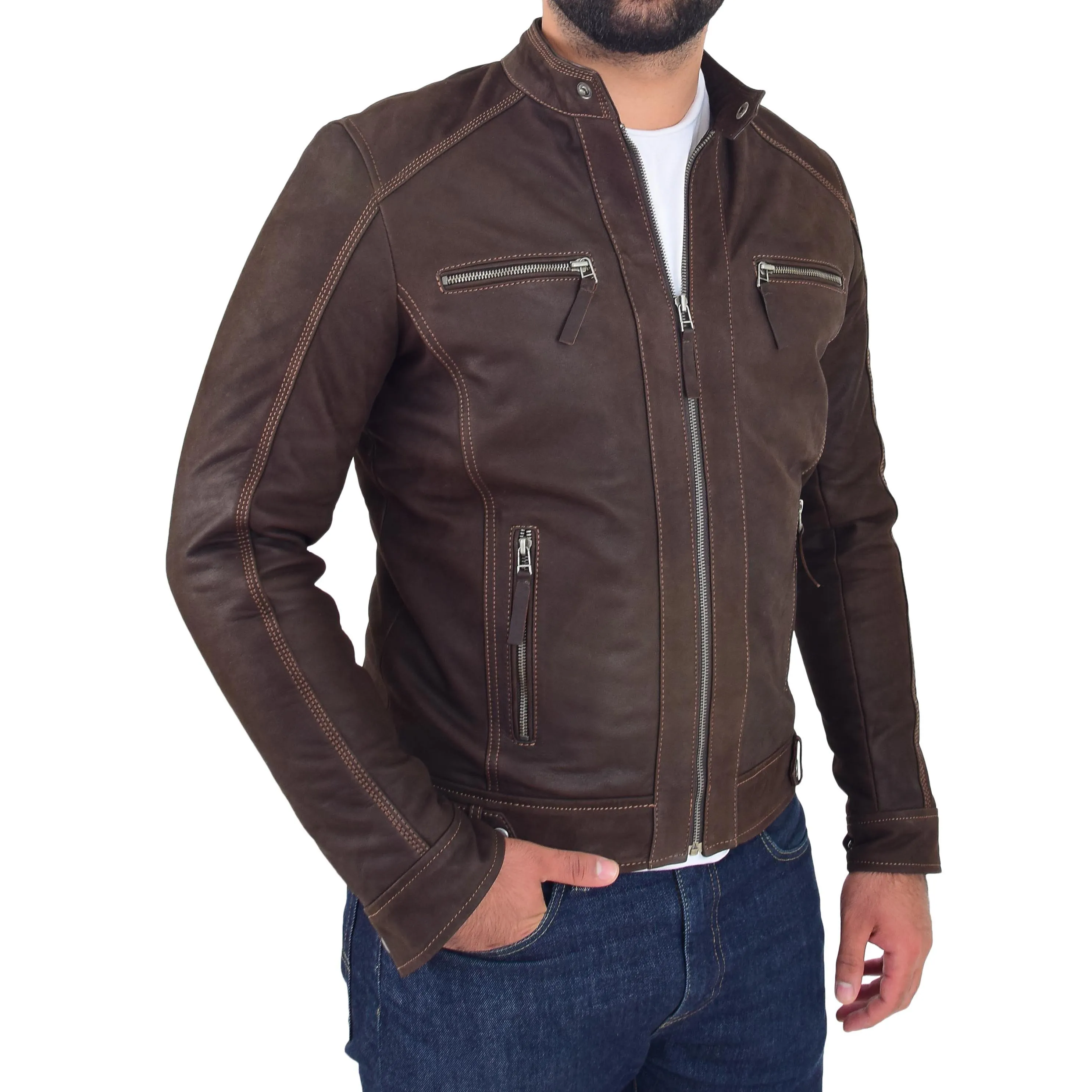 Mens Real Waxed Leather Biker Jacket Captain Brown