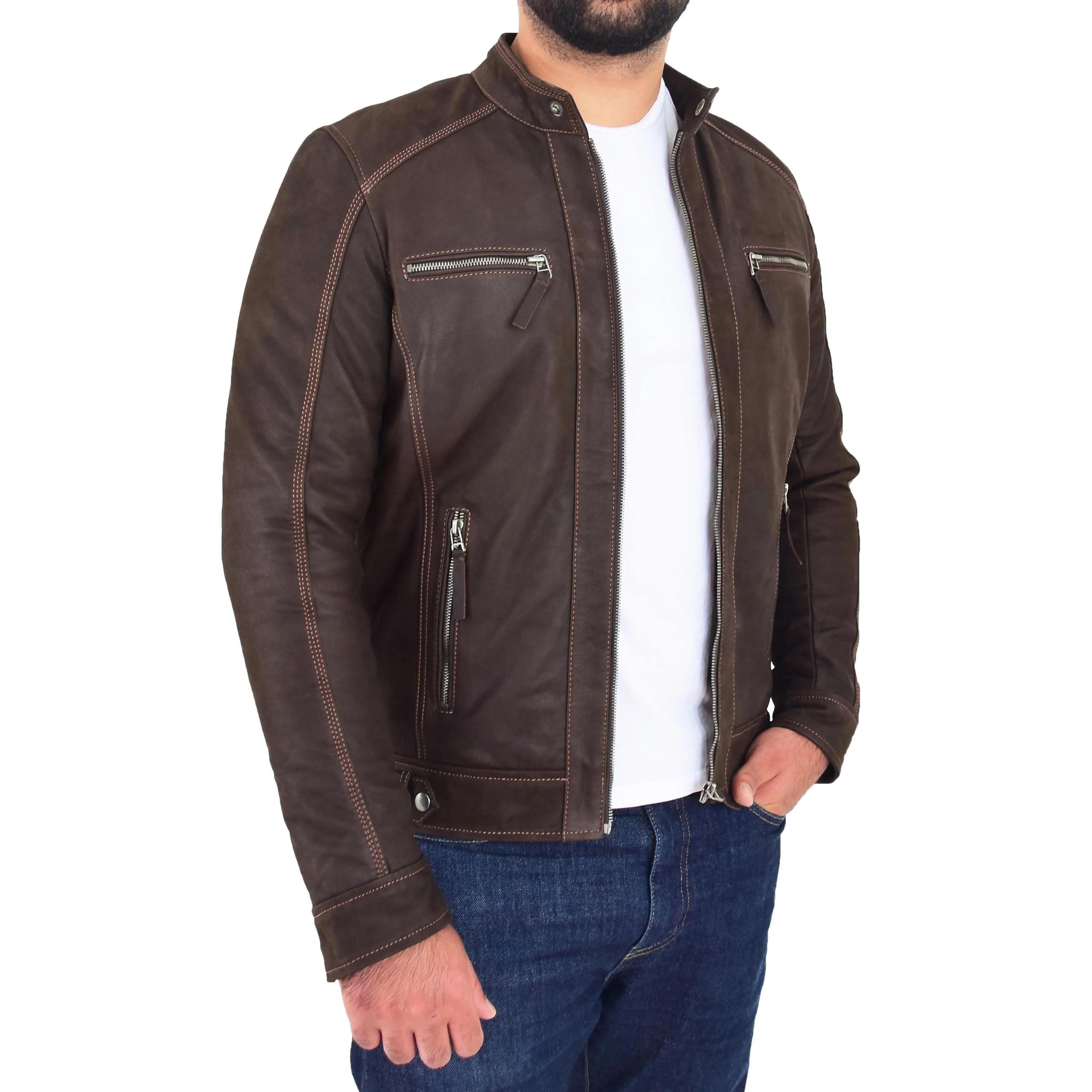 Mens Real Waxed Leather Biker Jacket Captain Brown